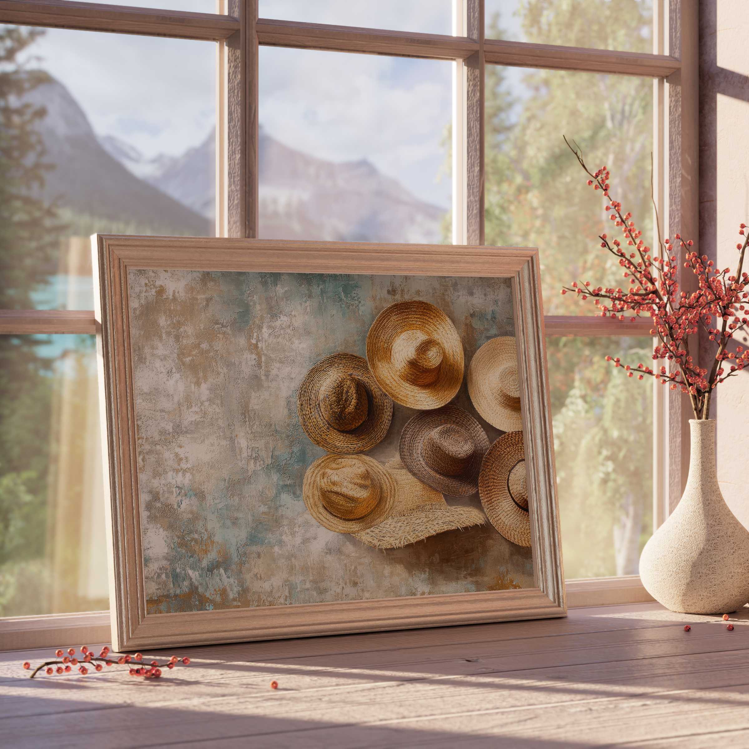 Boho downloadable art featuring natural straw hats in warm earthy tones, adding curated charm and serene, rustic elegance to stylish interiors