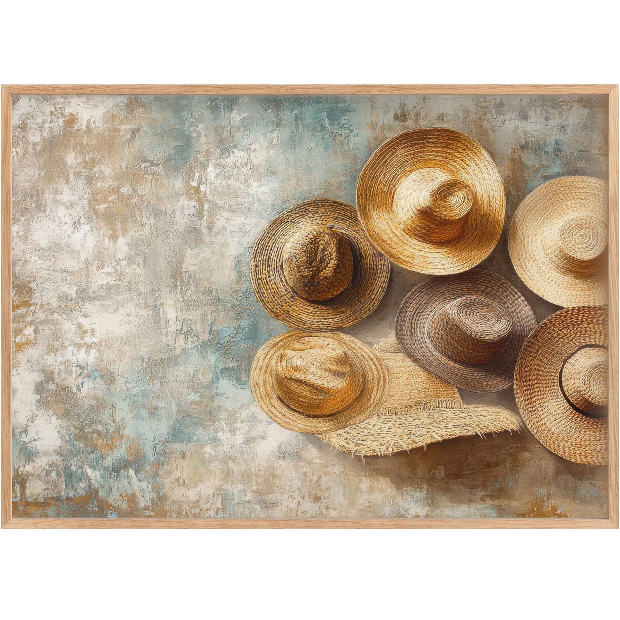 Warm earth tones and textured straw hats create a sunlit, inviting mood in this boho printable wall art, perfect for elevating chic interiors