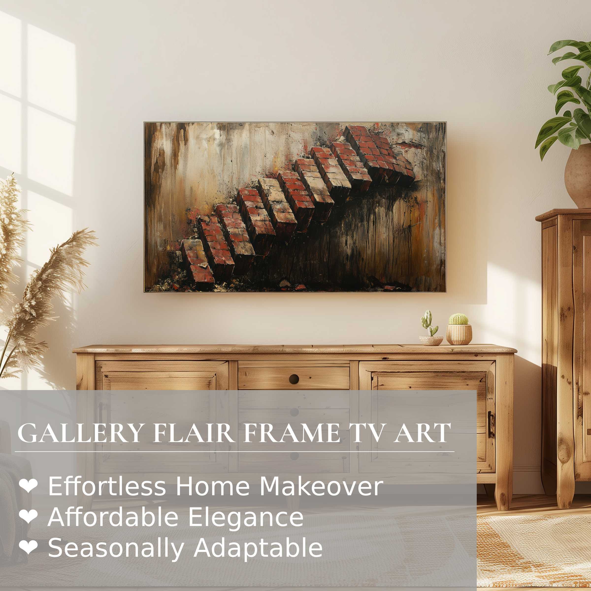Samsung Frame TV displaying street art digital artwork of floating brick stairs in a warm, modern living space