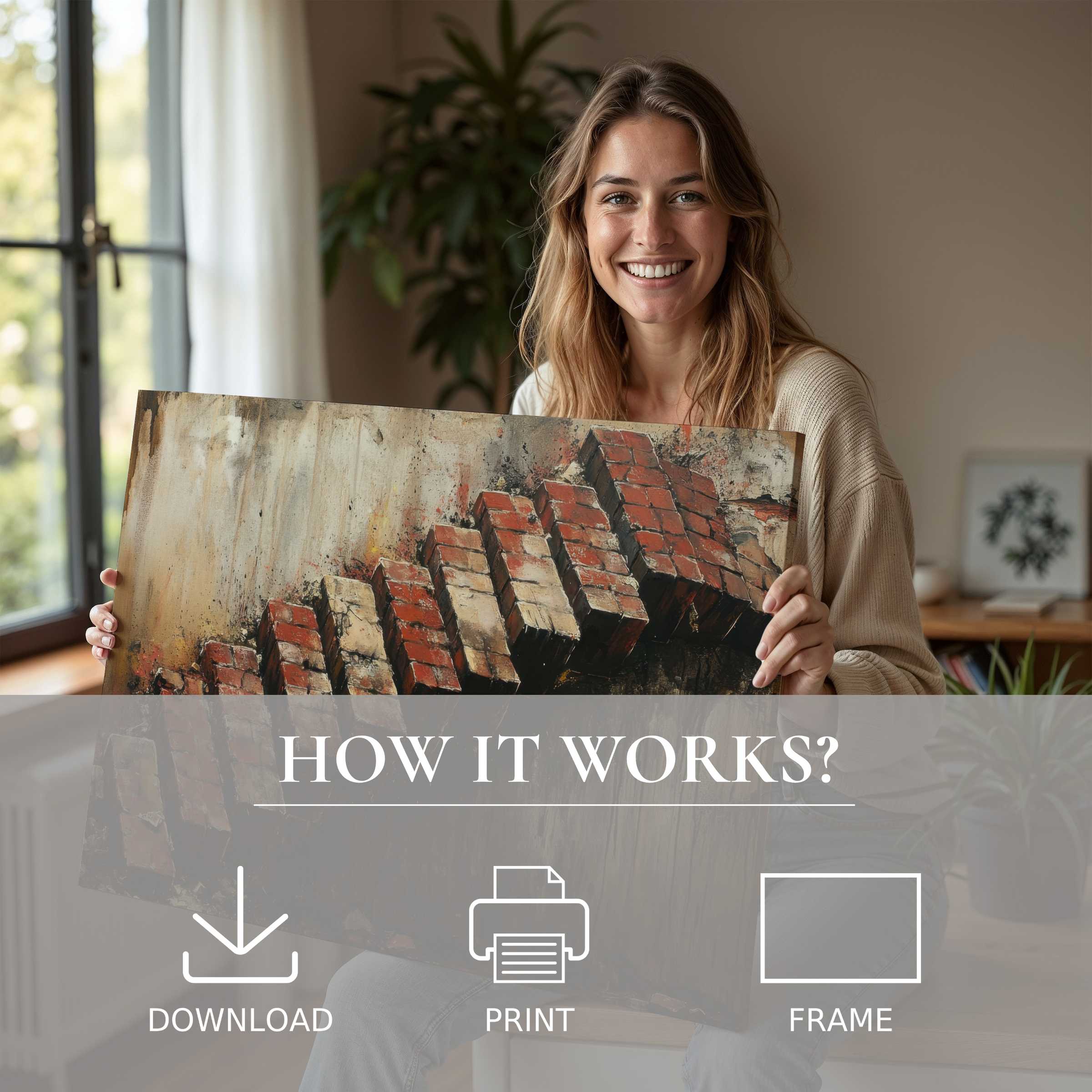 A radiant moment of connection and joy as a modern woman embraces a street art digital art print, enriching her stylish home with effortless beauty and timeless charm