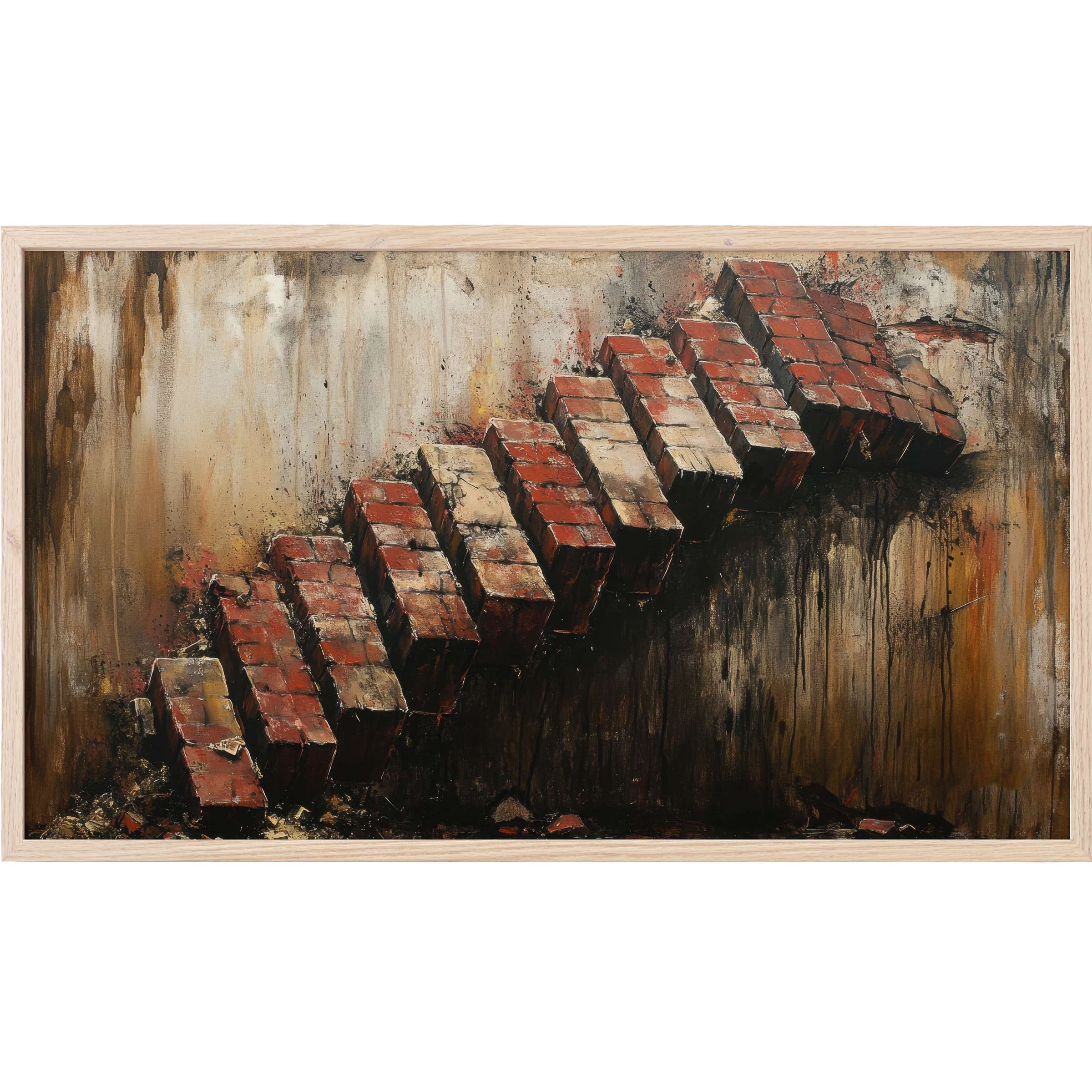 Urban decay depicted with textured red bricks and earthy tones in this gritty street art Frame TV Art