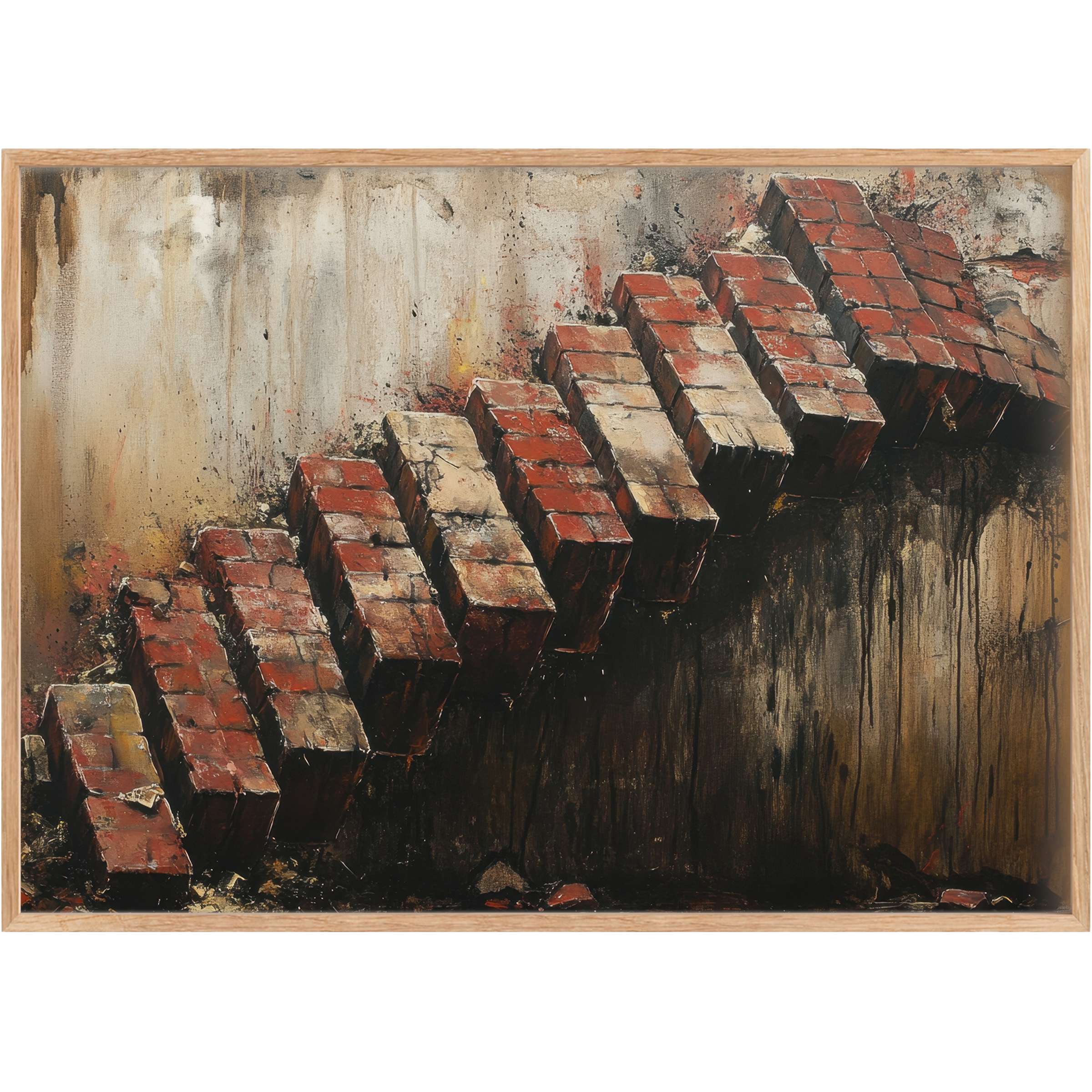 Bold street art printable wall art with textured red bricks and moody earth tones, evoking urban resilience and raw depth