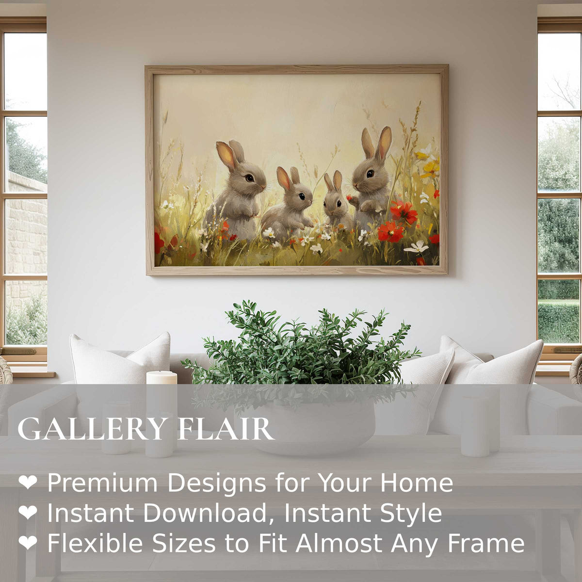 Easter wall art print of soft, charming rabbits in a vibrant spring meadow, enhancing serene, modern farmhouse interiors