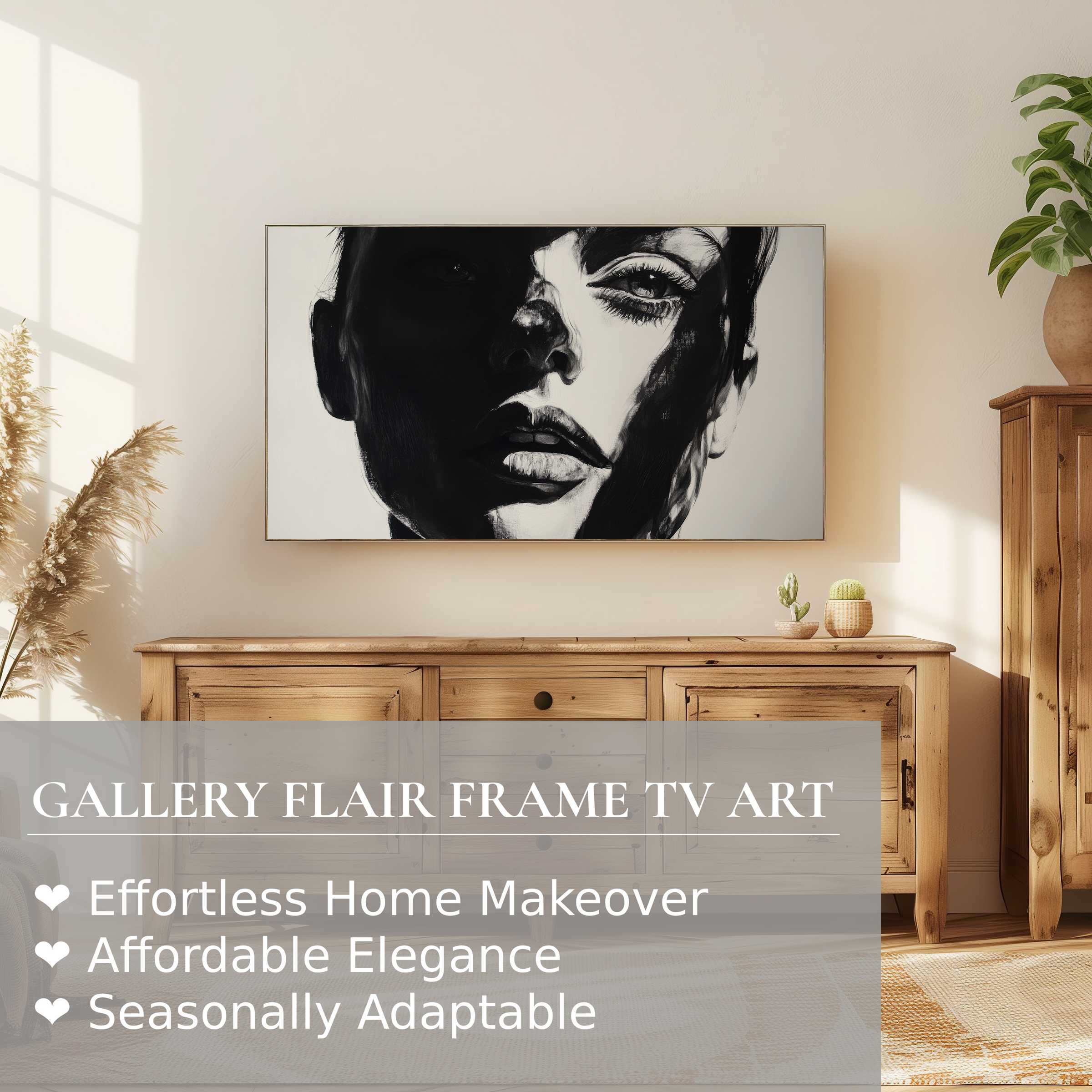 Samsung Frame TV in serene living space displays striking black and white digital artwork, blending modern minimalism with elegance