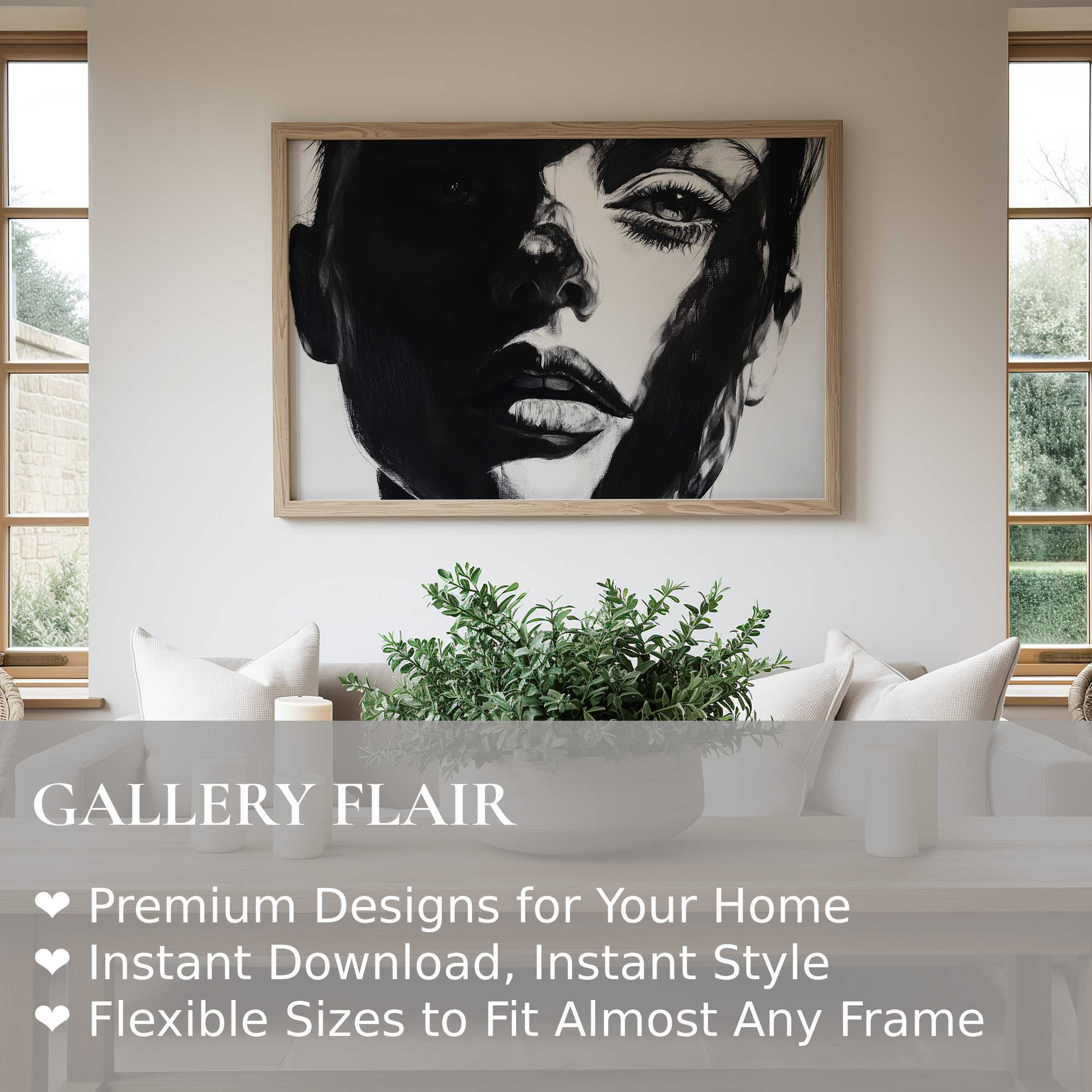 Bold black and white wall art print featuring a striking female portrait, elevating modern minimalist living spaces with dramatic elegance