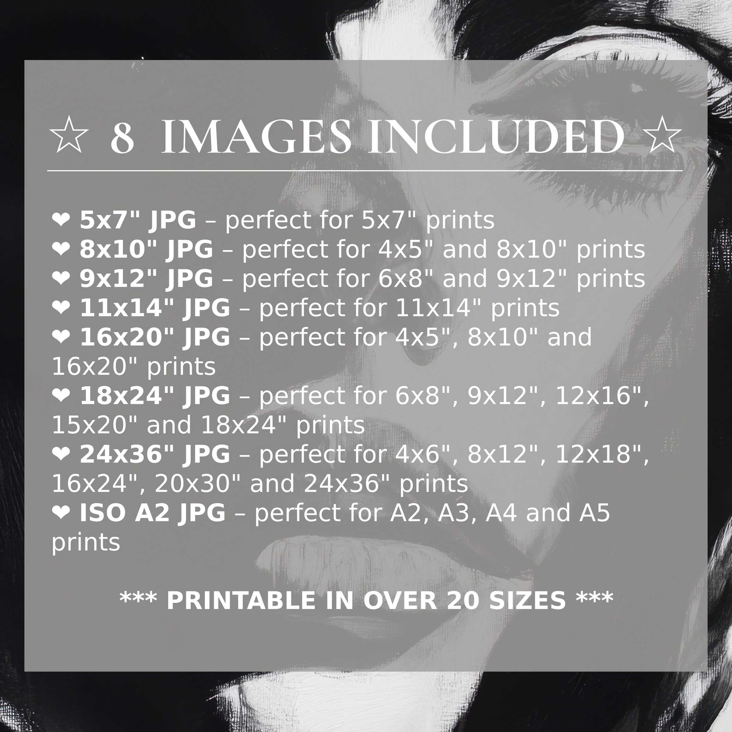 Black and white digital print exudes bold, radiant contrast and timeless elegance, available in 8 high-quality sizes included with download