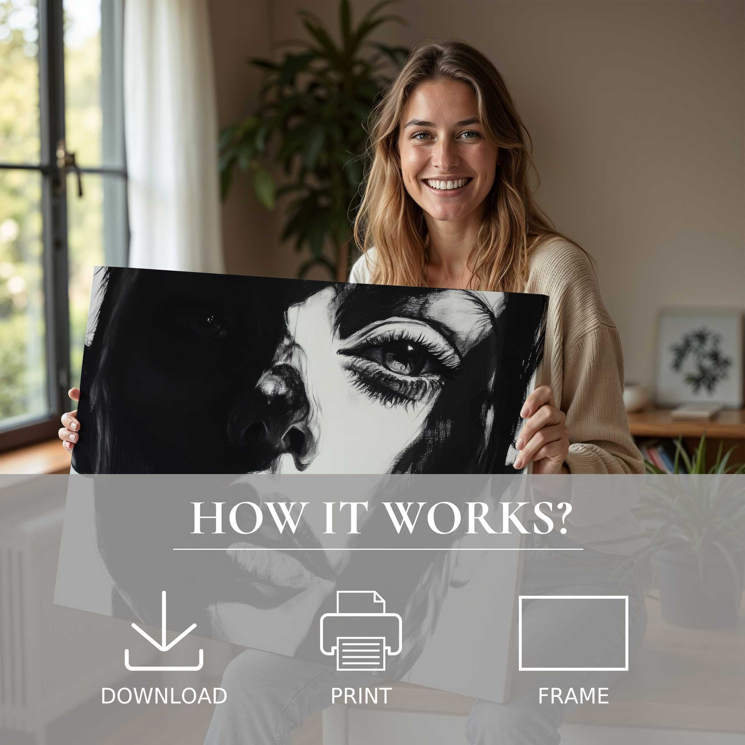 Woman in a modern home radiates joy, embracing a black and white digital art print that transforms space with timeless elegance