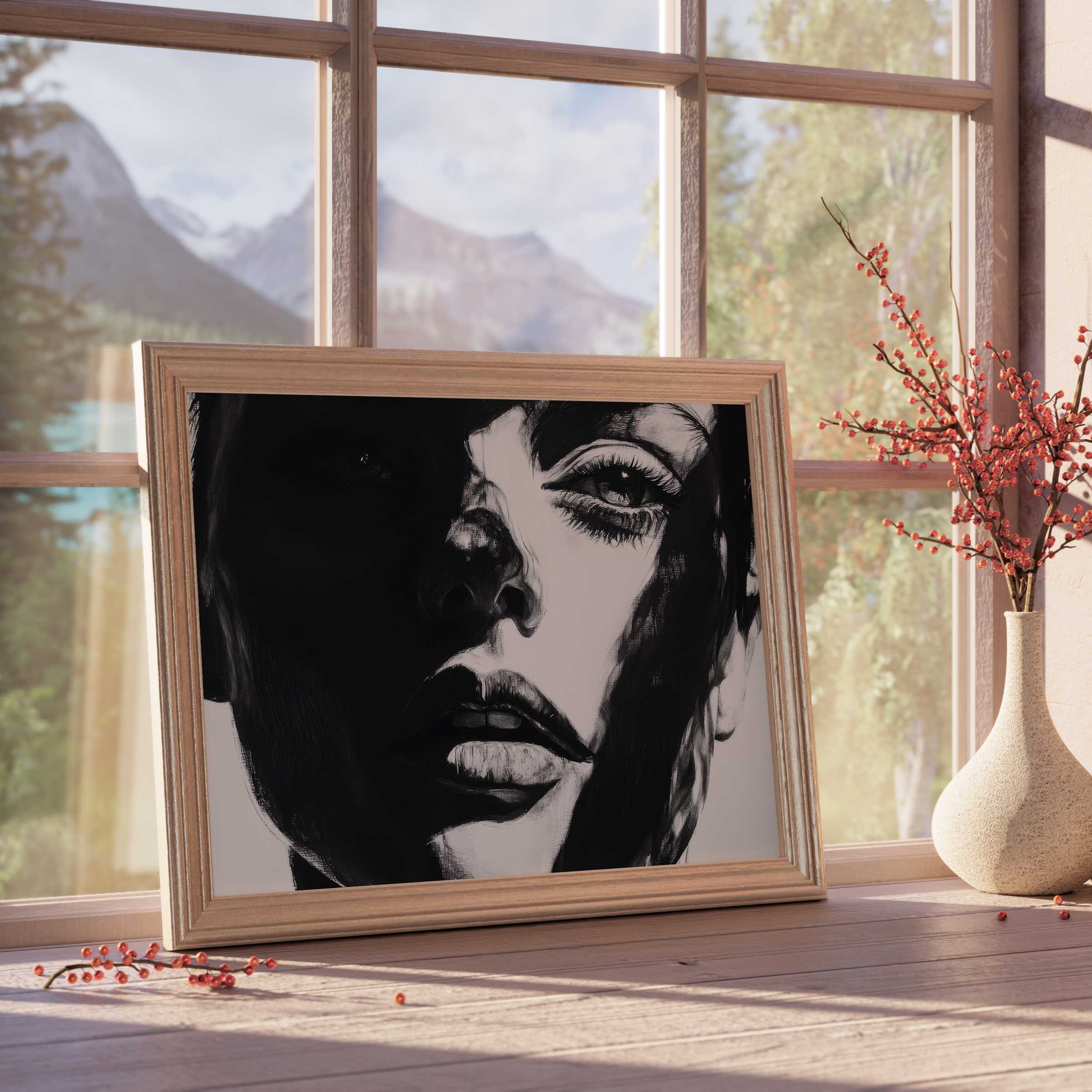 Black and white downloadable art capturing raw emotion and modern elegance, perfect for curated, tranquil interiors