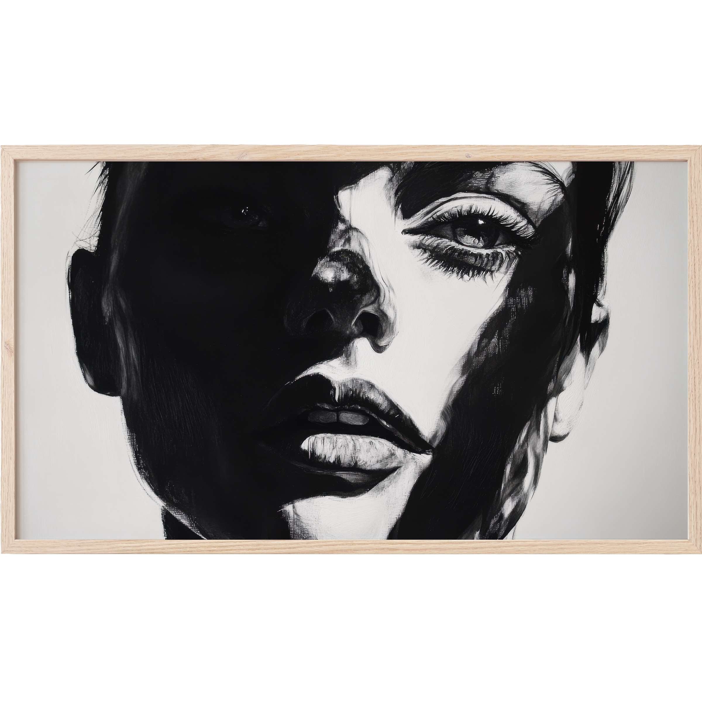 Striking black and white Frame TV Art featuring high-contrast shadows and a close-up modern female portrait in soft wood frame