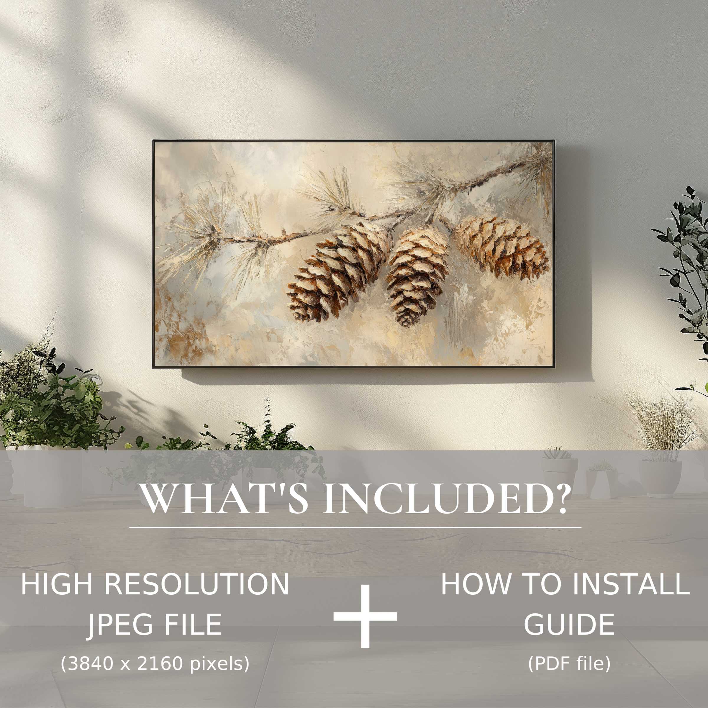 Elegant living room showcasing tree digital TV art download of pinecones, enhancing ambiance with easy digital use
