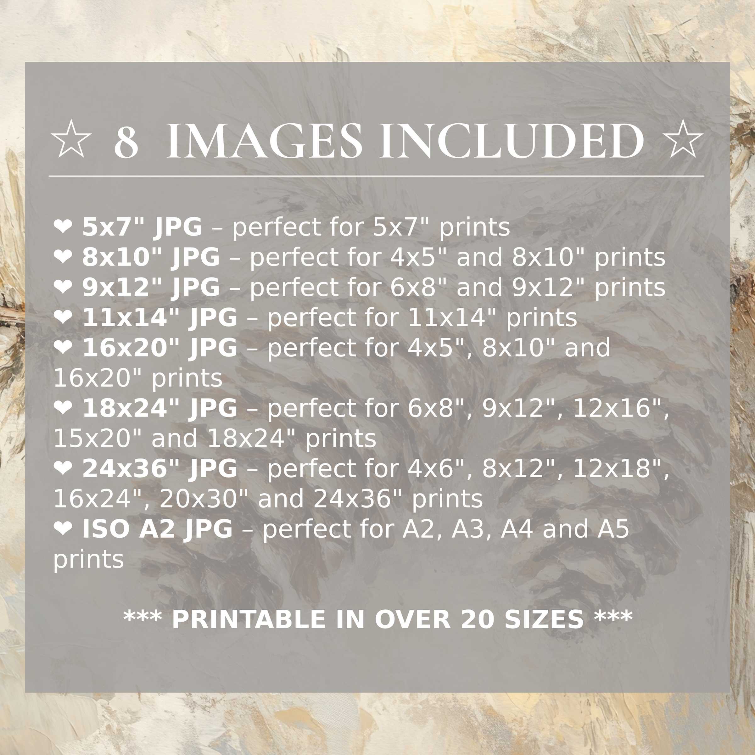 Print size guide showing 8 included JPG formats for versatile wall art printing – perfect for framing in popular sizes from 5x7 to 24x36 and A2