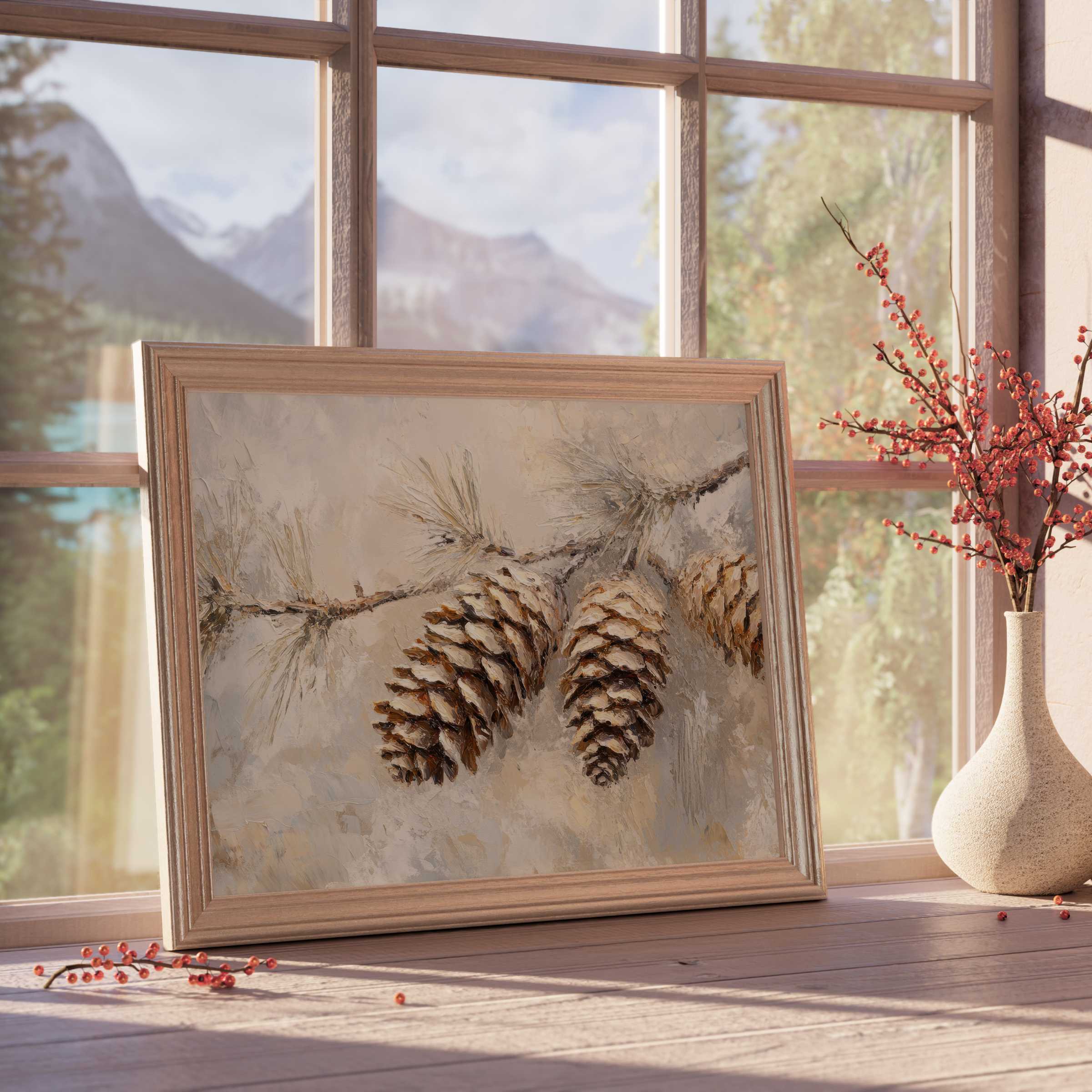 Rustic tree downloadable art featuring textured pinecones, enriching tranquil interiors with warm, nature-inspired elegance