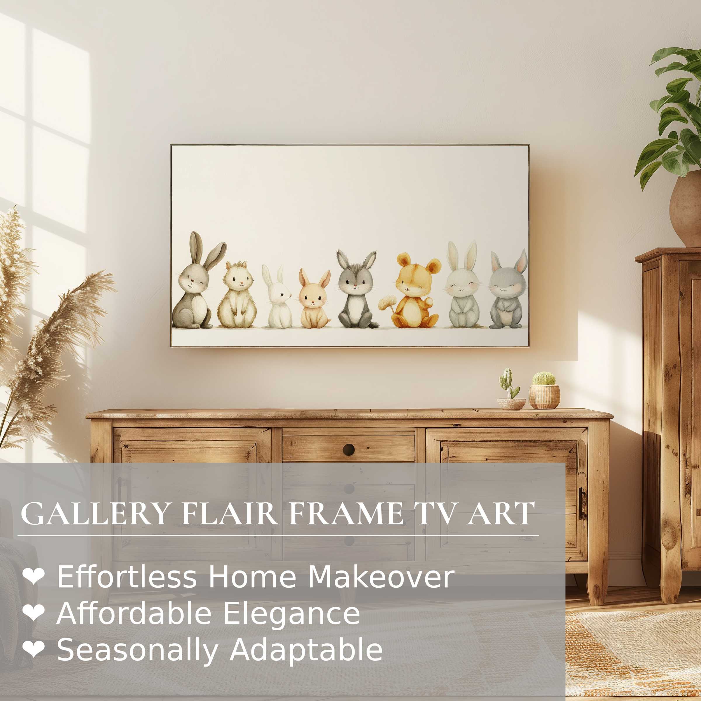 Minimalist nursery digital artwork of soft-toned animals displayed on Samsung Frame TV in a modern warm living space