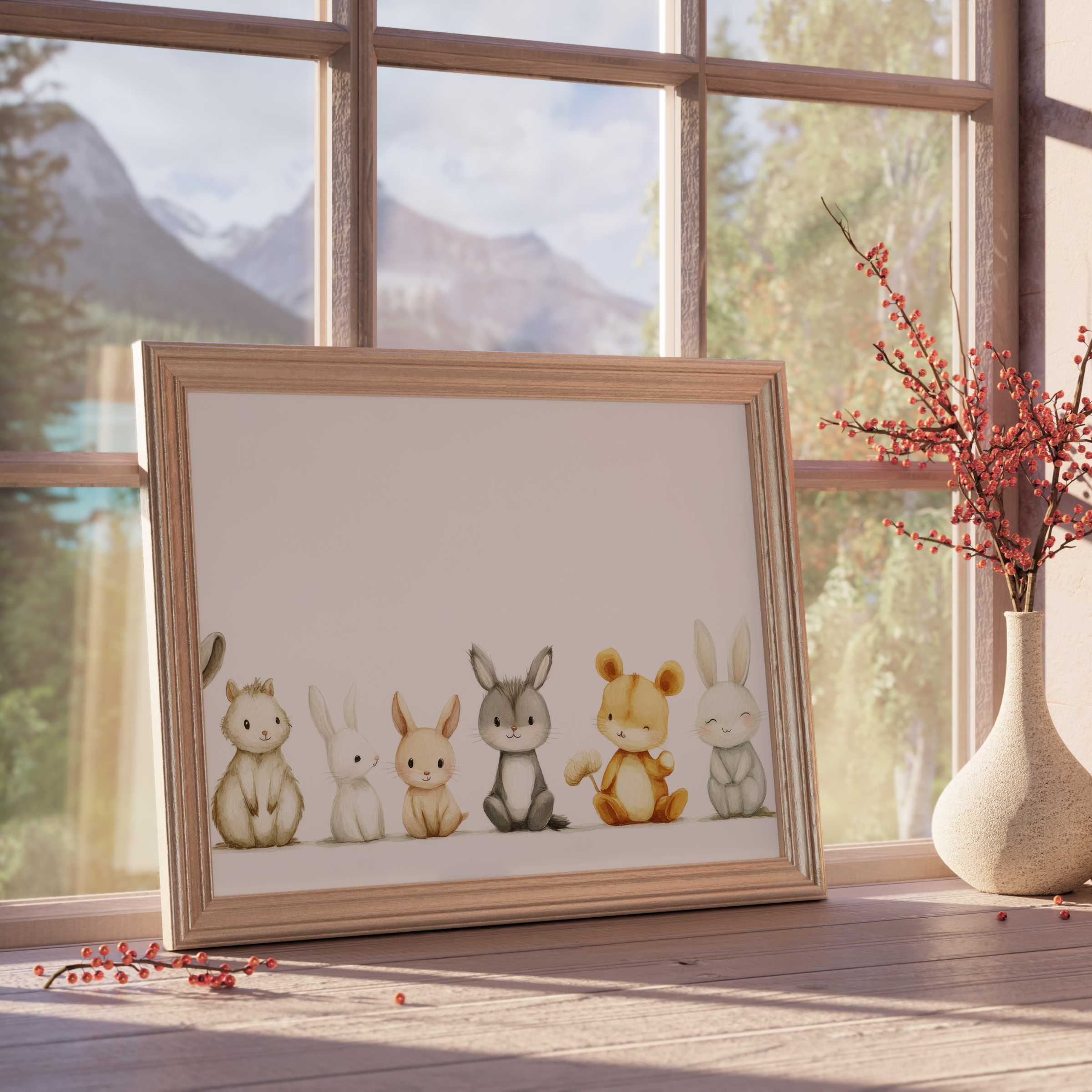 Whimsical nursery downloadable art featuring a serene row of softly illustrated woodland friends, perfect for curated, tranquil children’s rooms