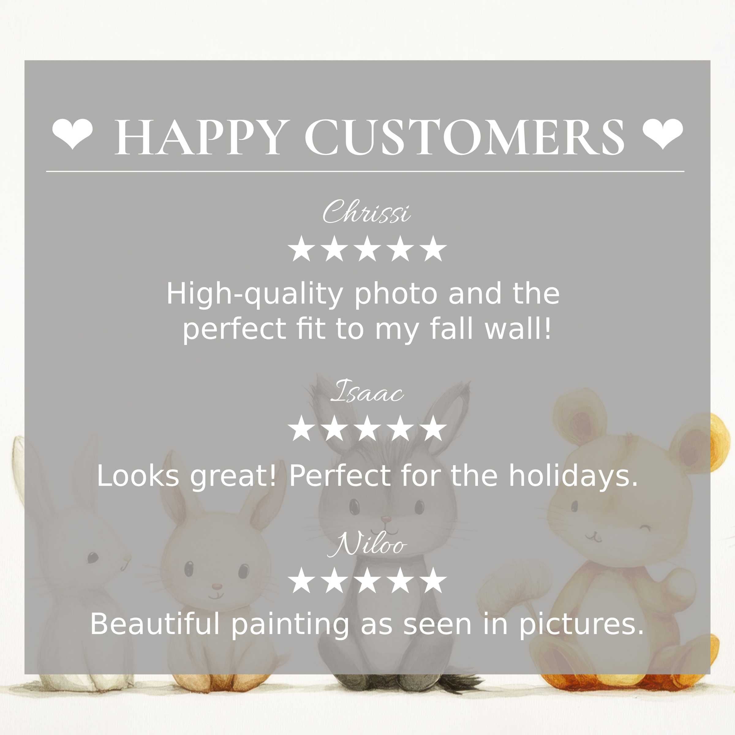 Elegant nursery art for Frame TV with soft pastel animals, happy customer reviews build trust and highlight quality