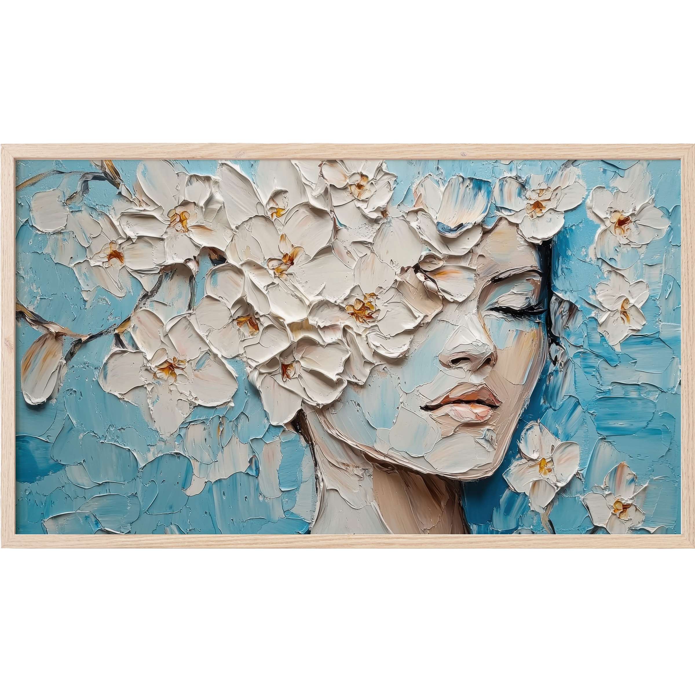 Elegant botanical Frame TV Art with textured white flowers and serene blue tones in modern impasto style