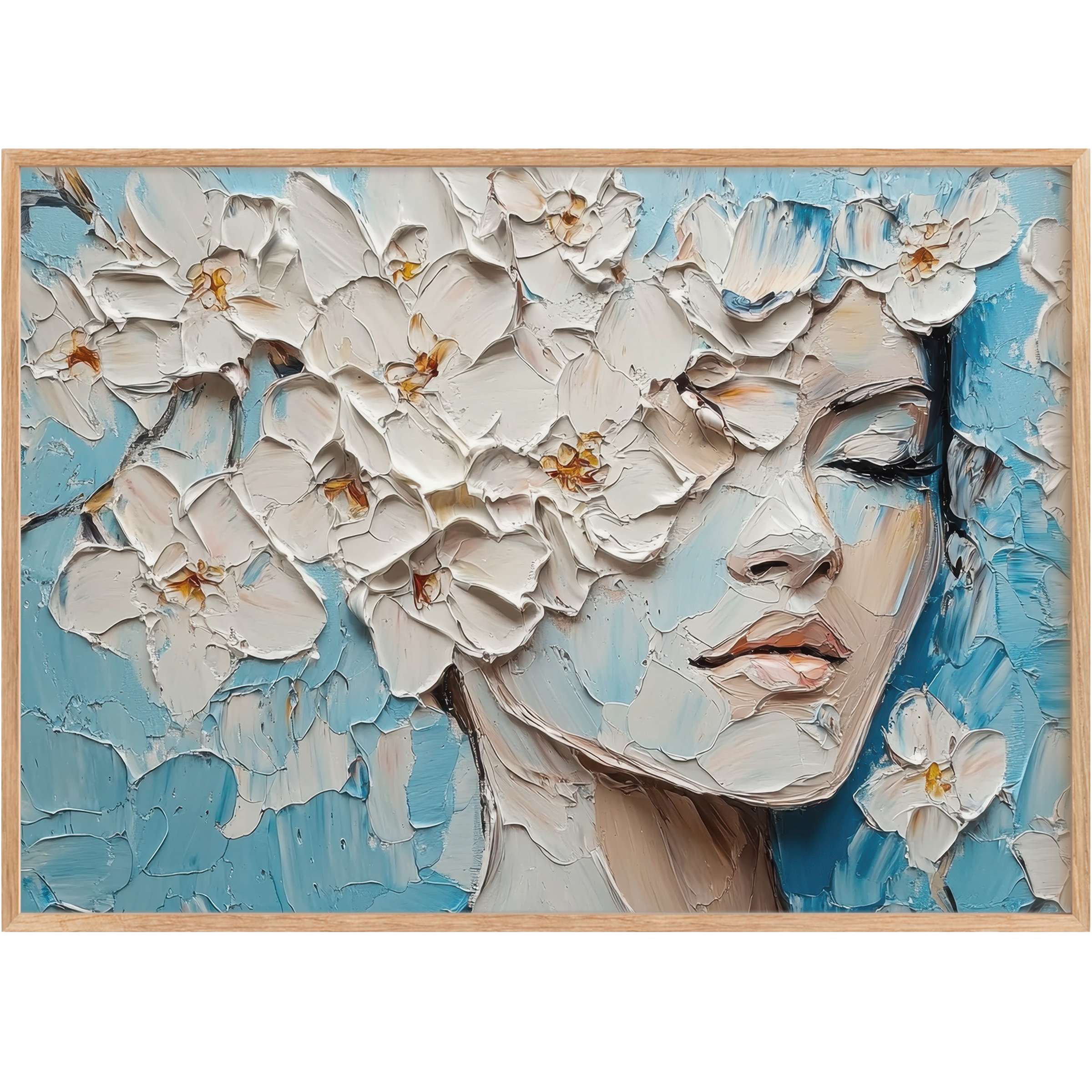 Botanical printable wall art featuring a serene, textured portrait in soft blues and creamy whites, evoking calm elegance