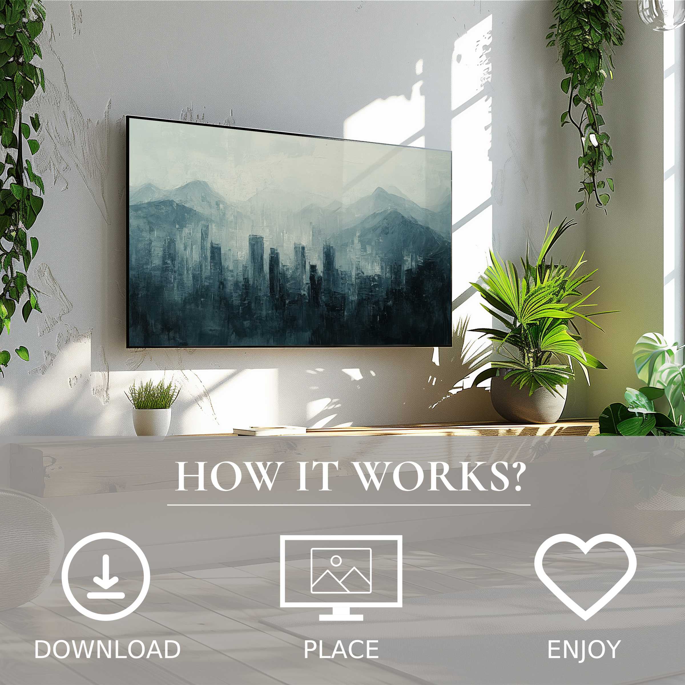 Urban art for Samsung TV in a bright room; easy digital download; misty cityscape motif enriches living space