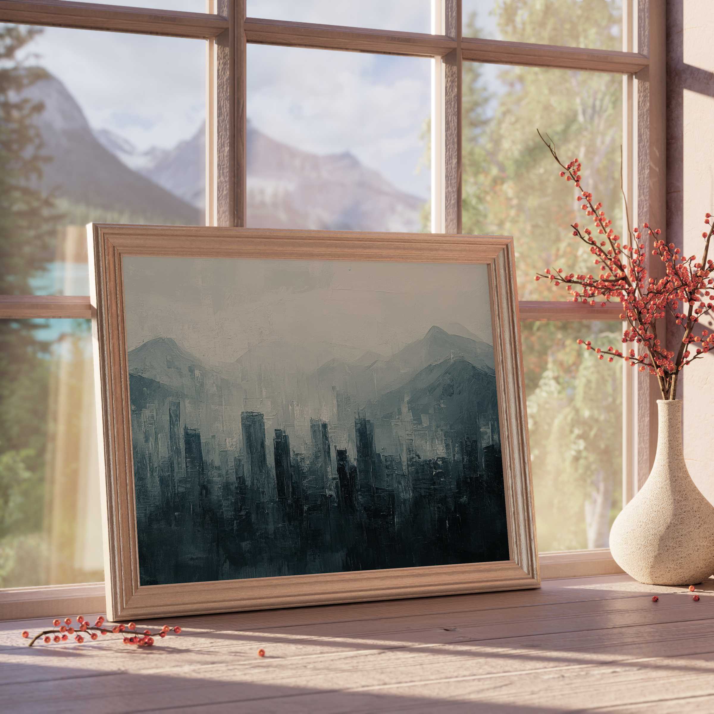 Urban downloadable art capturing a moody city skyline in muted tones, enriching serene, design-forward interiors with modern charm