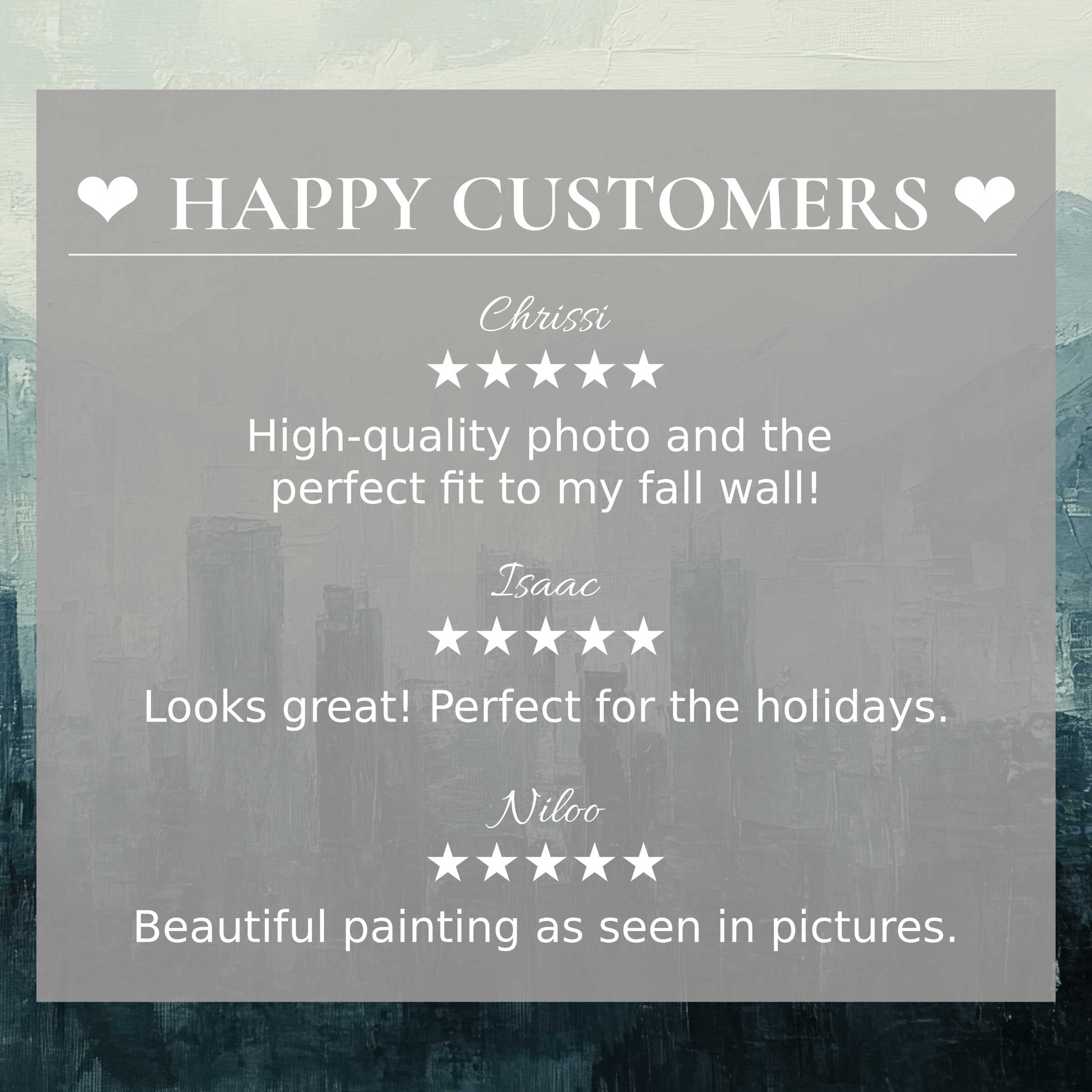 Urban art for Frame TV with abstract cityscape background, showcasing happy customer reviews and elegant design