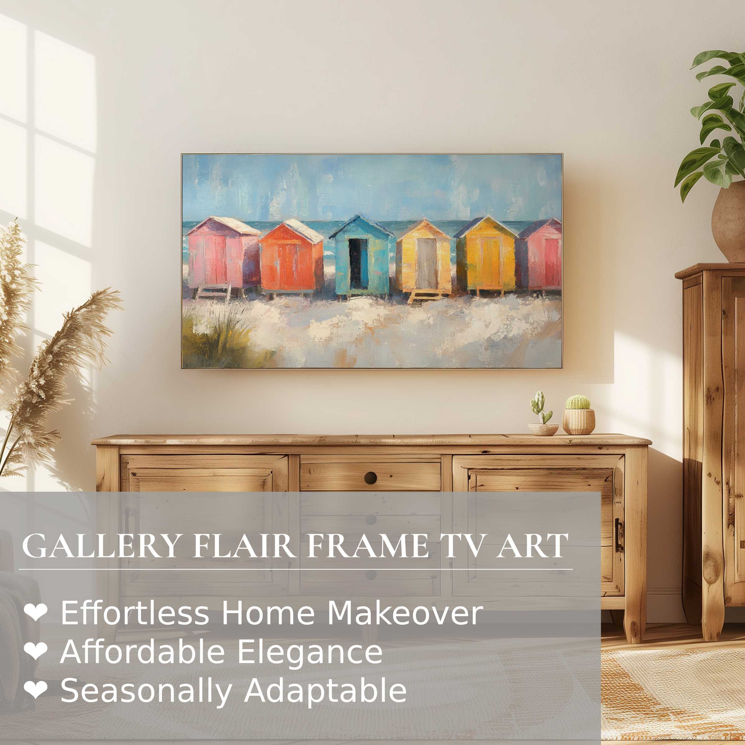 Samsung Frame TV displays coastal digital artwork of colorful beach huts, enhancing elegant modern interiors