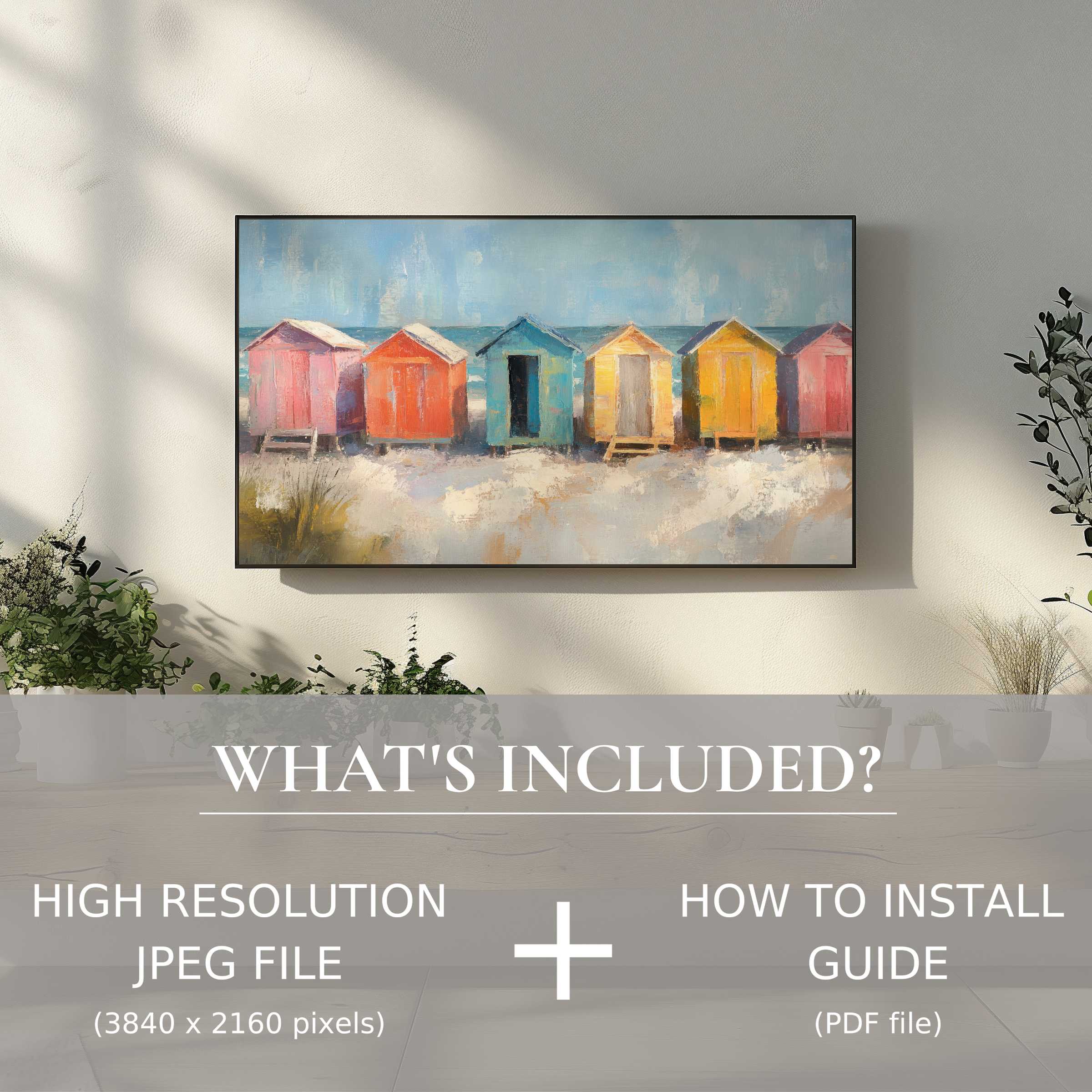 Elegant coastal digital TV art download featuring vibrant beach huts, enhancing living spaces with effortless style