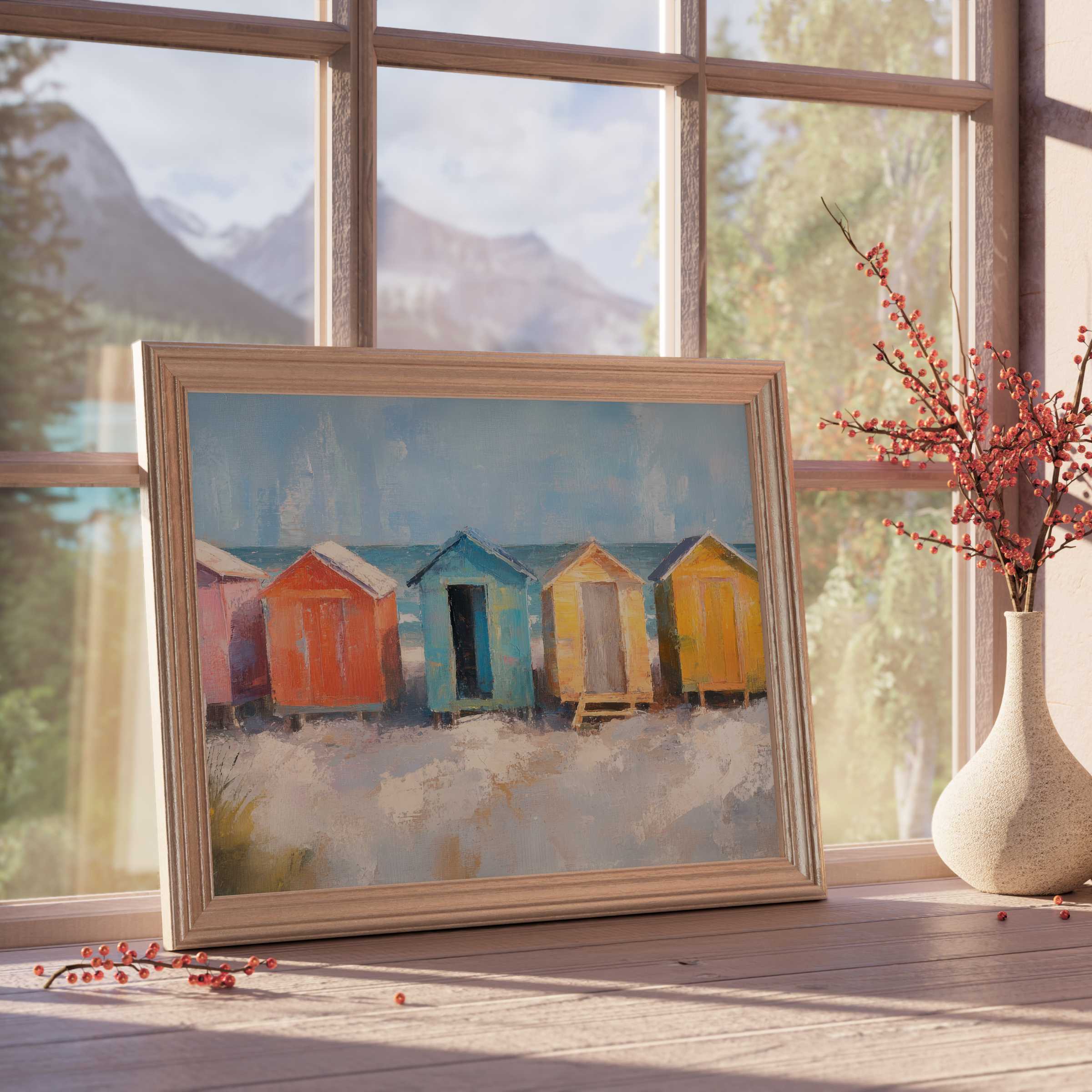 Coastal downloadable art featuring vibrant beach huts in warm, serene tones, elevating tranquil, curated interiors with timeless seaside charm