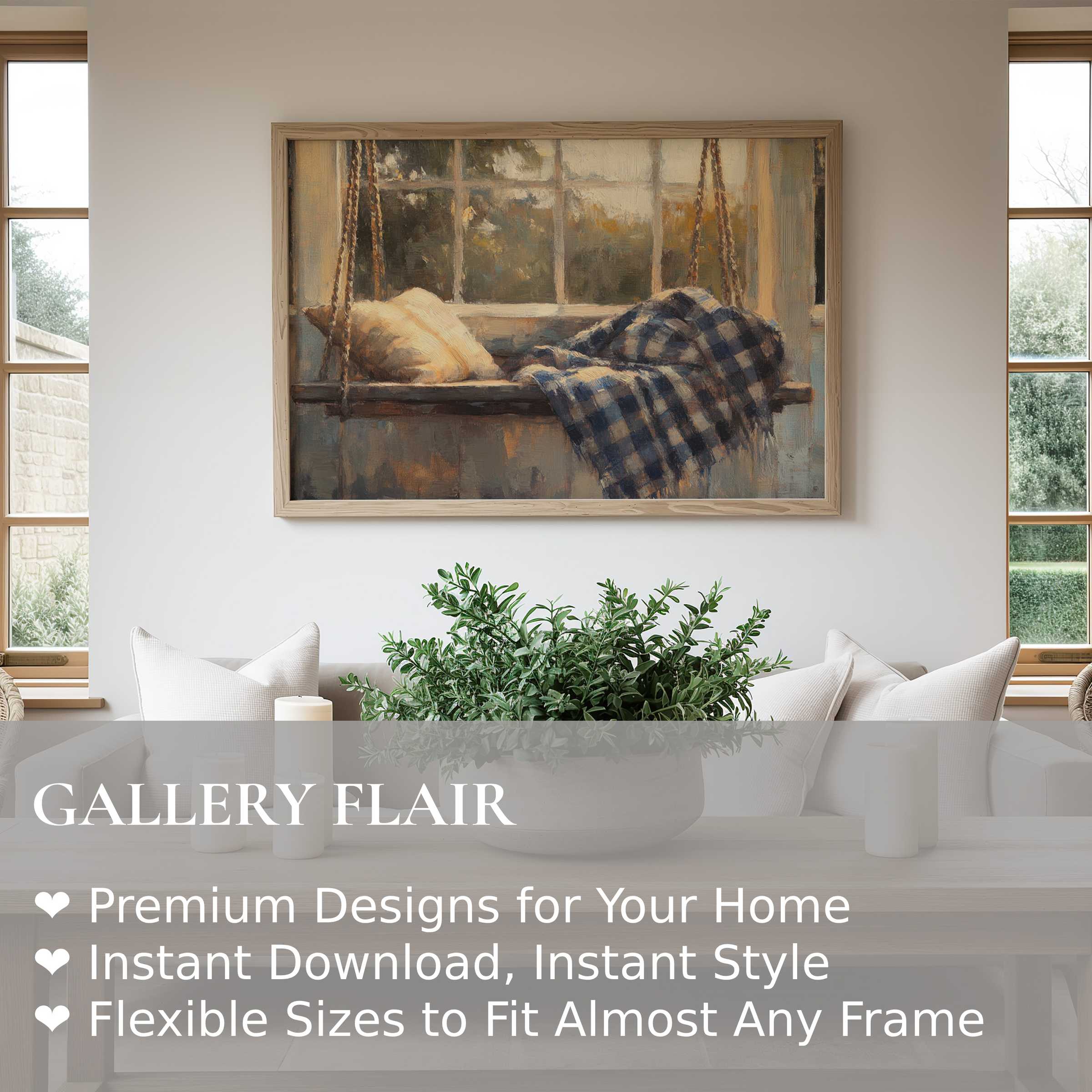 Farmhouse wall art print featuring a cozy rustic swing with soft pillows and plaid, adding warm charm to modern farmhouse decor