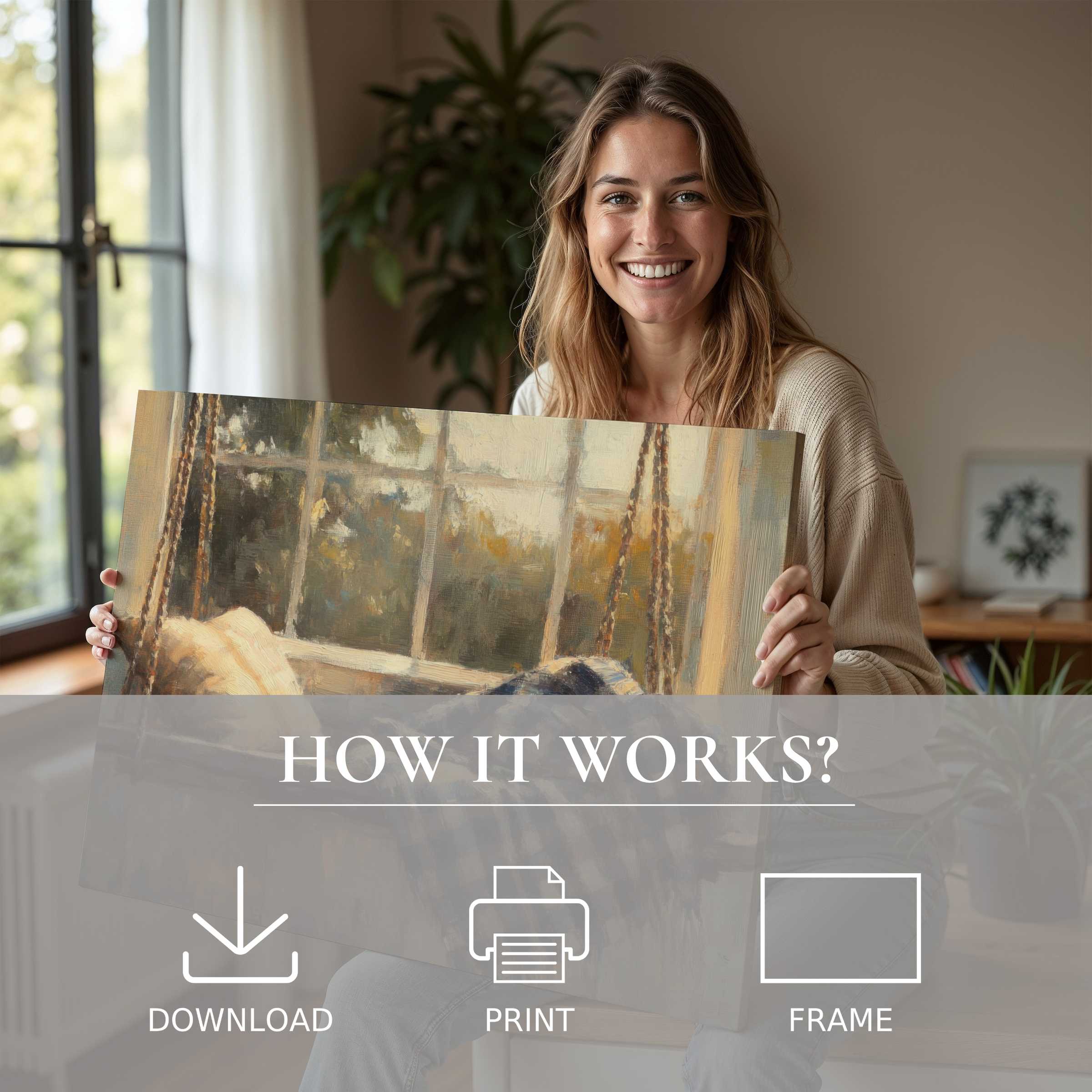 Warm farmhouse digital art print brightens a modern, stylish home, embodying serene joy and effortless elegance in living with art