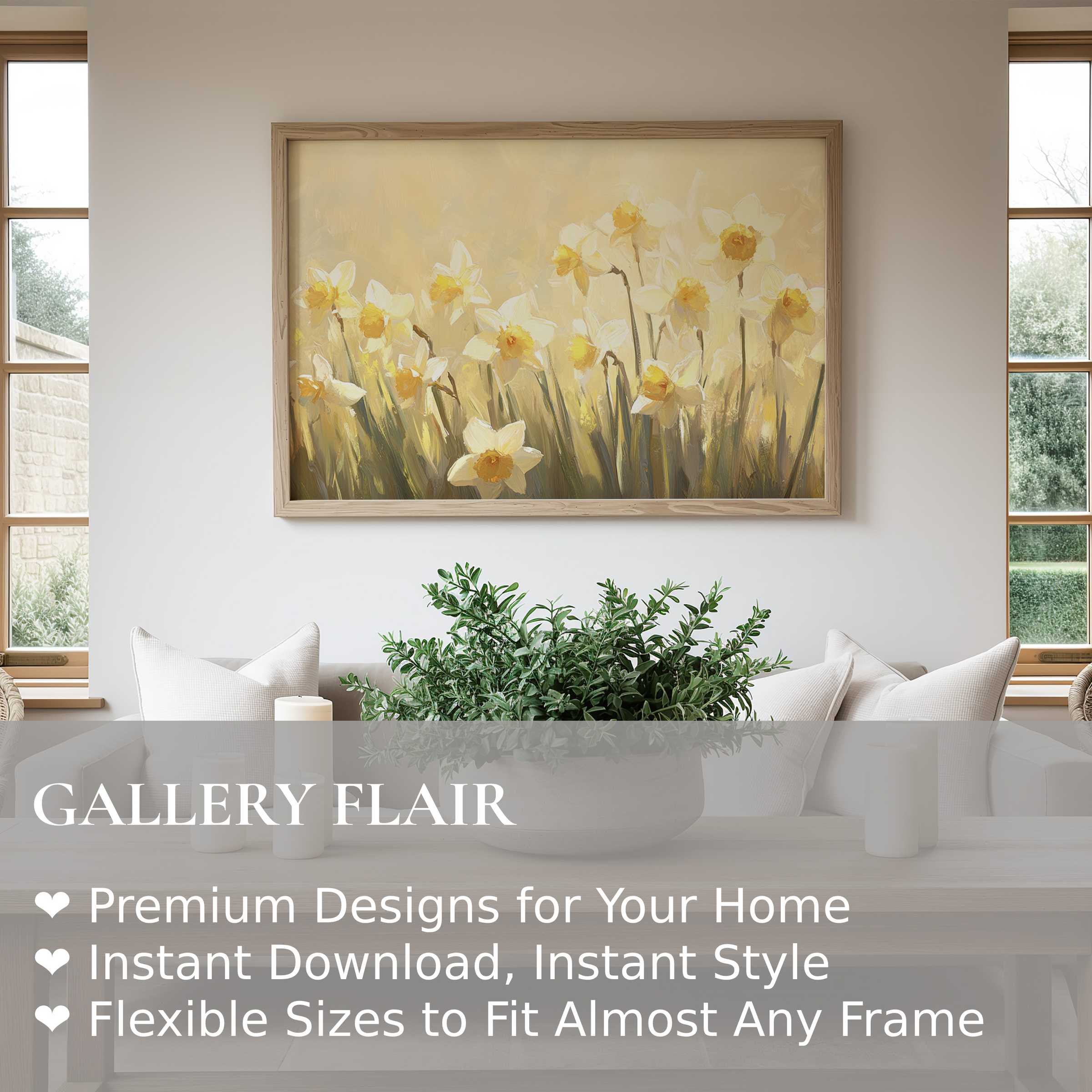 Radiant spring wall art print featuring soft daffodils in warm tones, enhancing serene modern farmhouse interiors with natural elegance