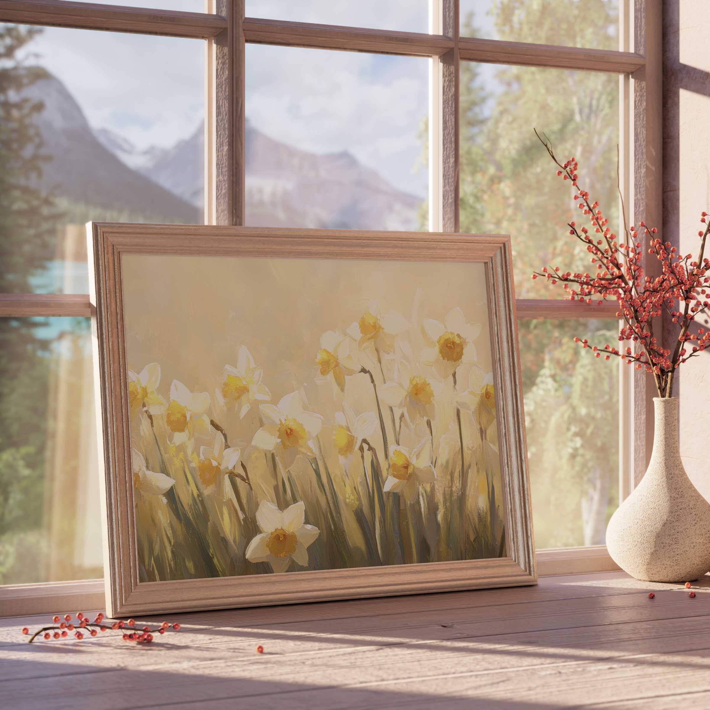 Elegant spring downloadable art featuring soft daffodils basking in warm sunlight, perfect for serene, curated interiors
