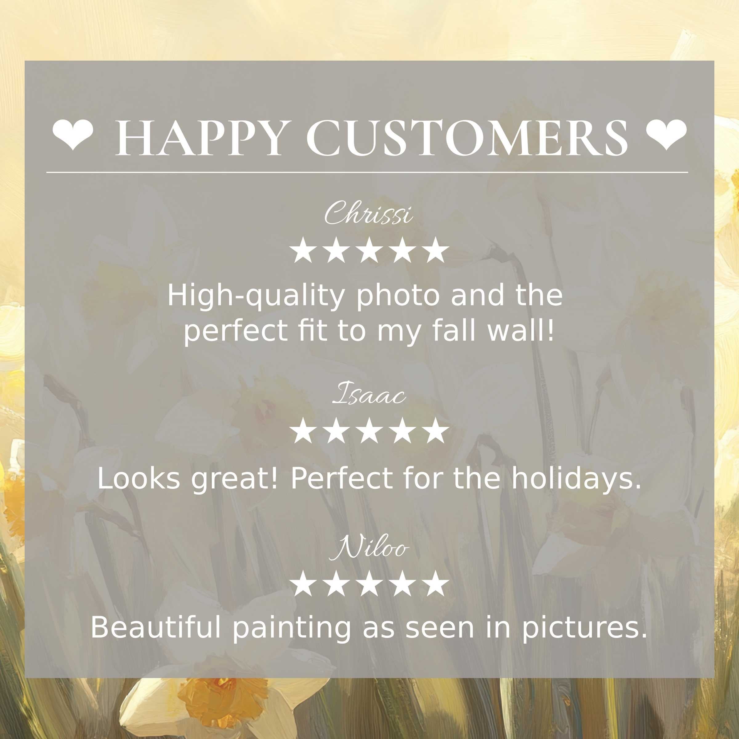 Elegant spring art for Frame TV with abstract floral background, showcasing happy customer reviews to inspire trust