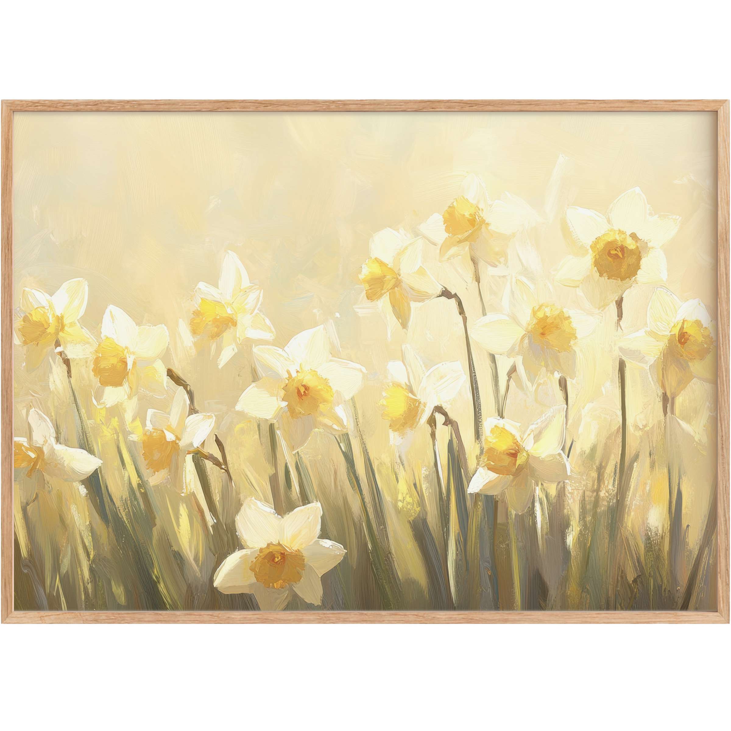 Radiant spring printable wall art featuring blooming daffodils in soft yellows and creams, evoking warmth and serene elegance