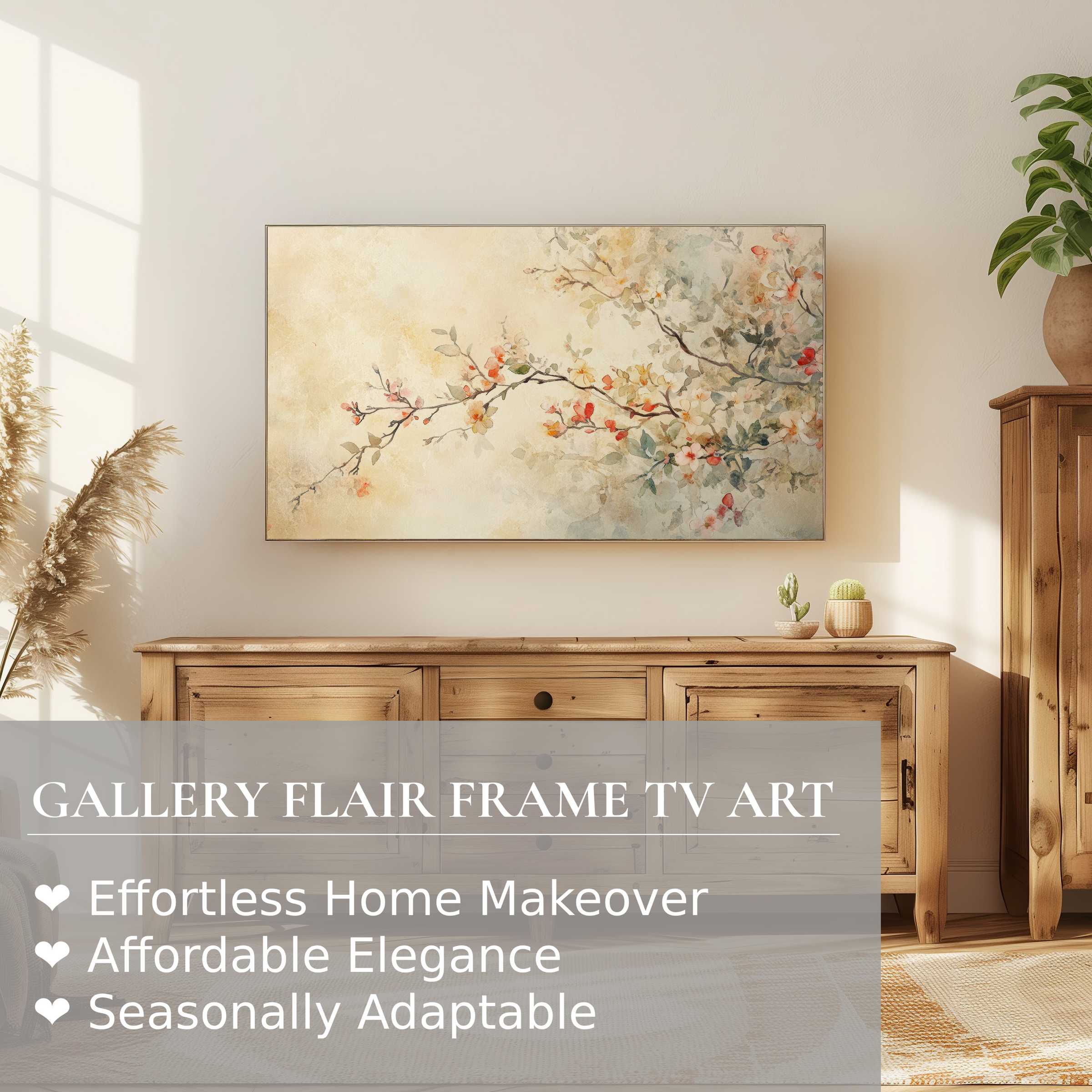 Samsung Frame TV displays elegant floral digital artwork in a warm, modern living room with natural wood accents