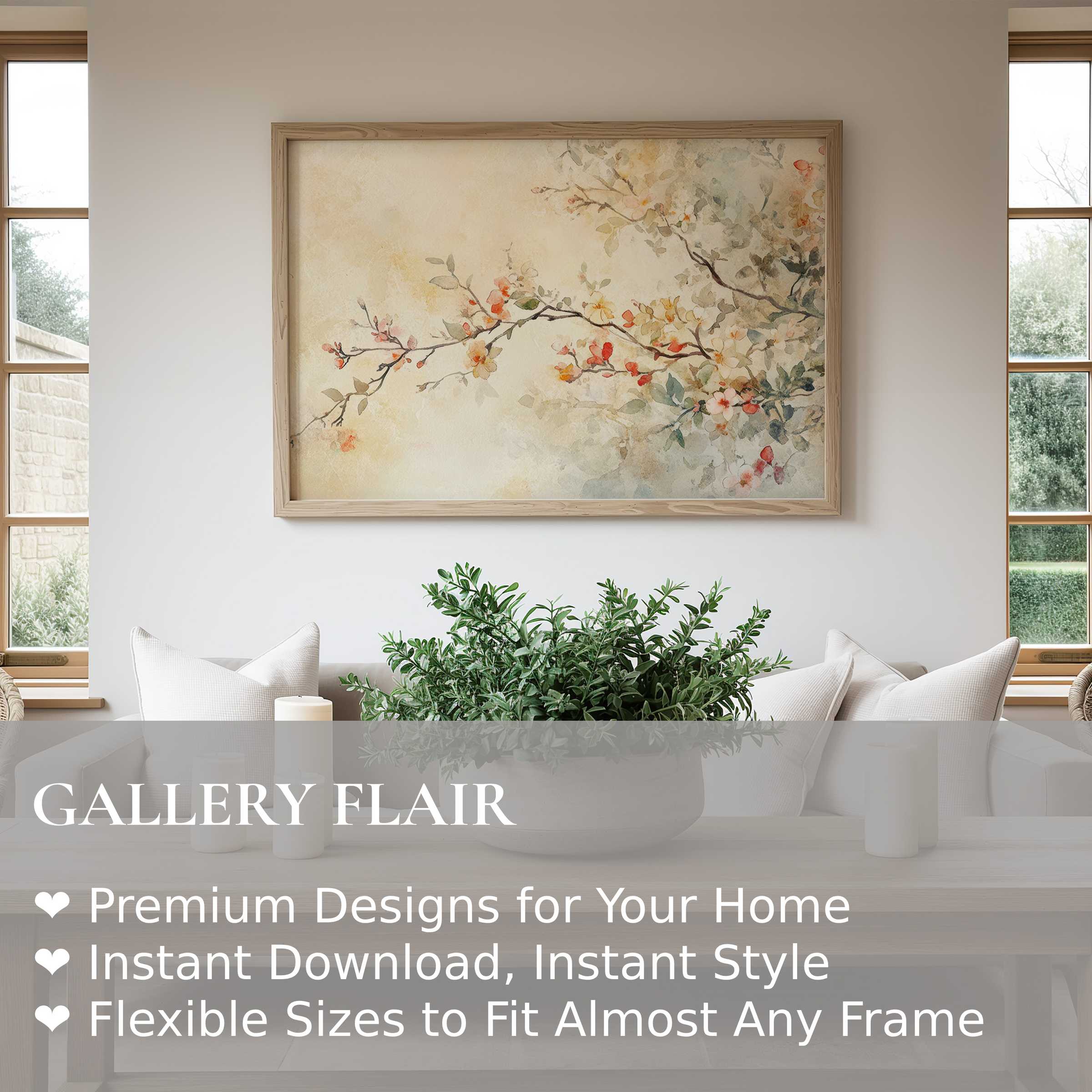 Soft, radiant floral wall art print with delicate blossoms enhances serene, modern minimalist interiors with organic elegance and calm