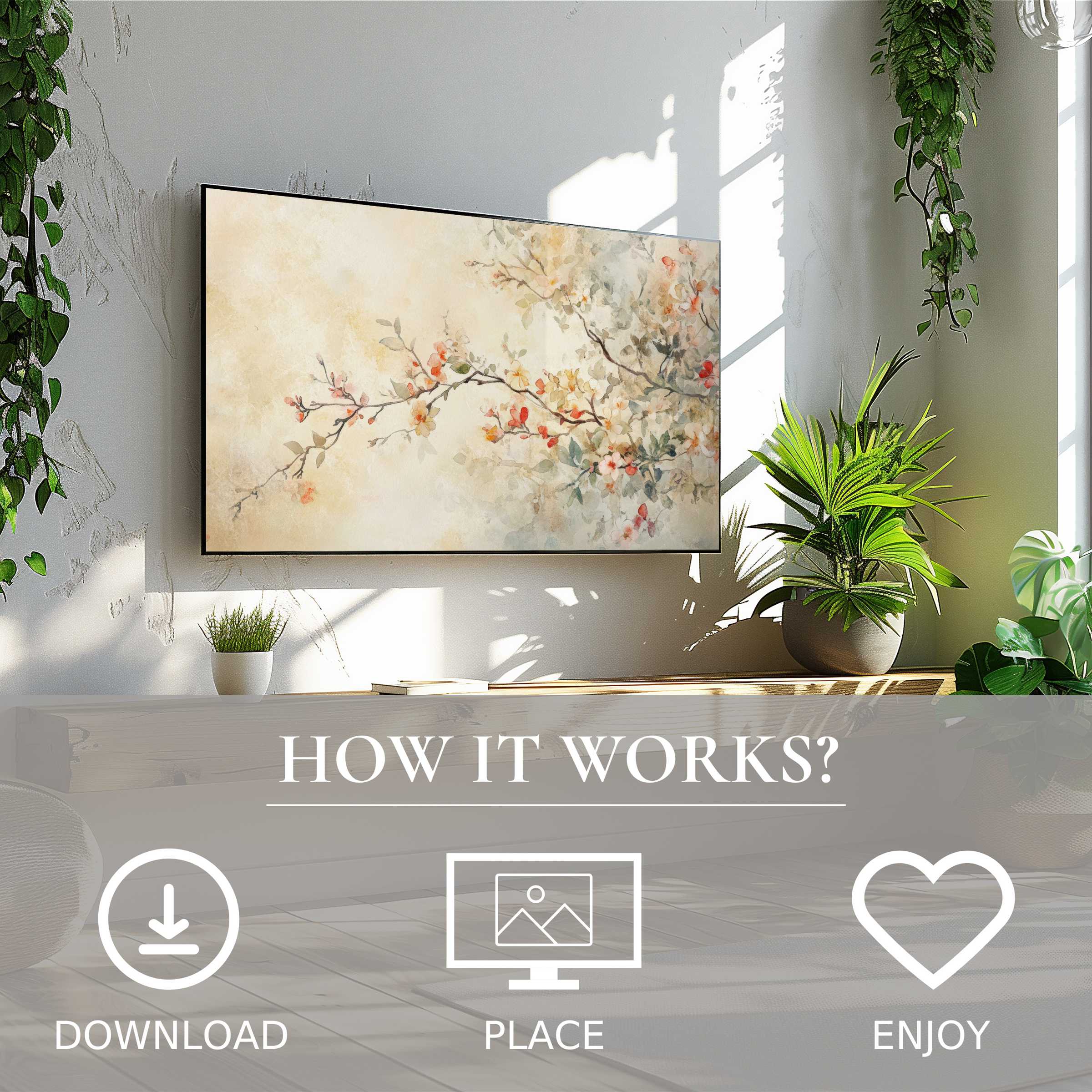Floral art for Samsung TV shows soft floral tones on Frame TV, easy digital download to enhance modern living spaces