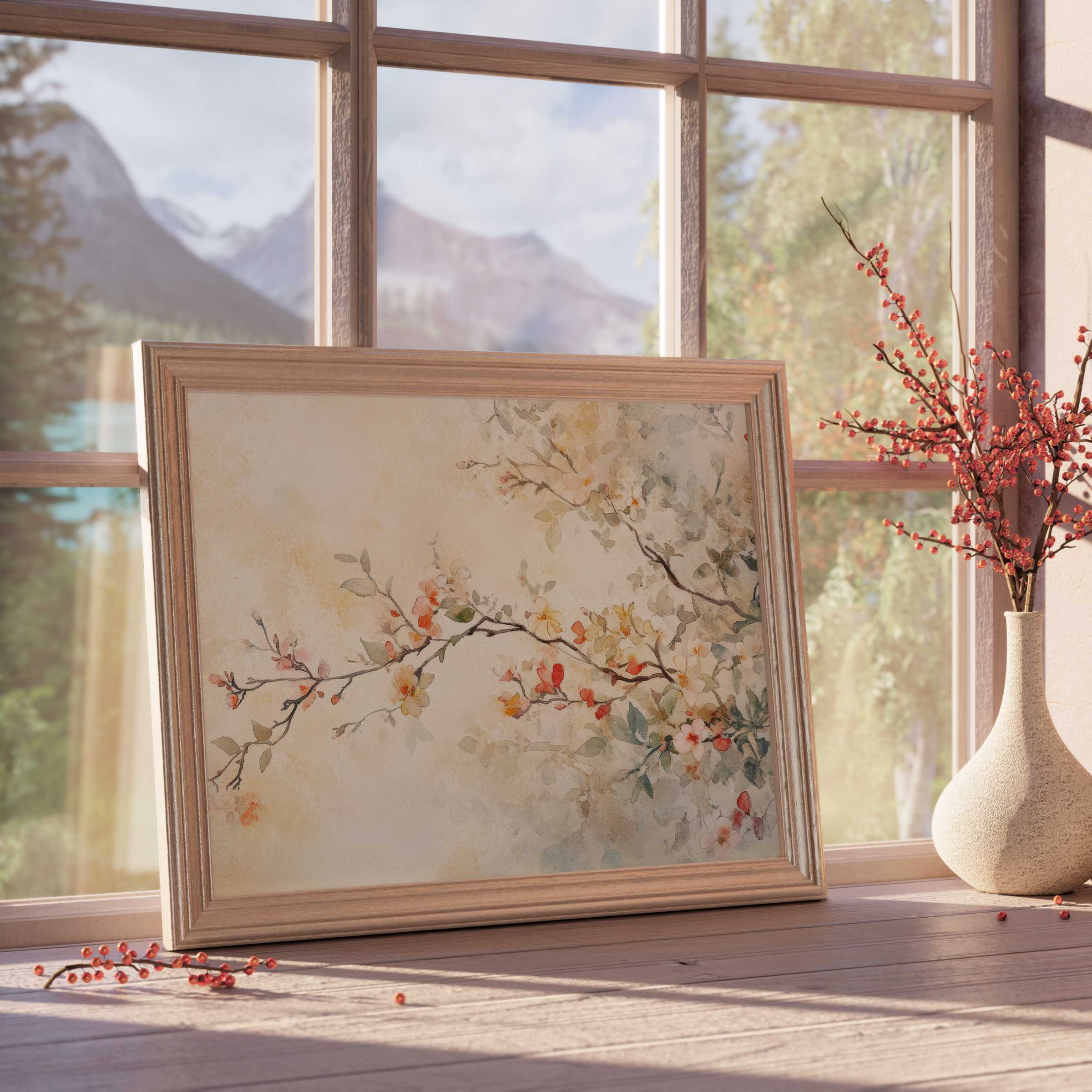 Elegant floral downloadable art with soft botanical hues, enhancing serene, curated interiors with timeless, tranquil charm