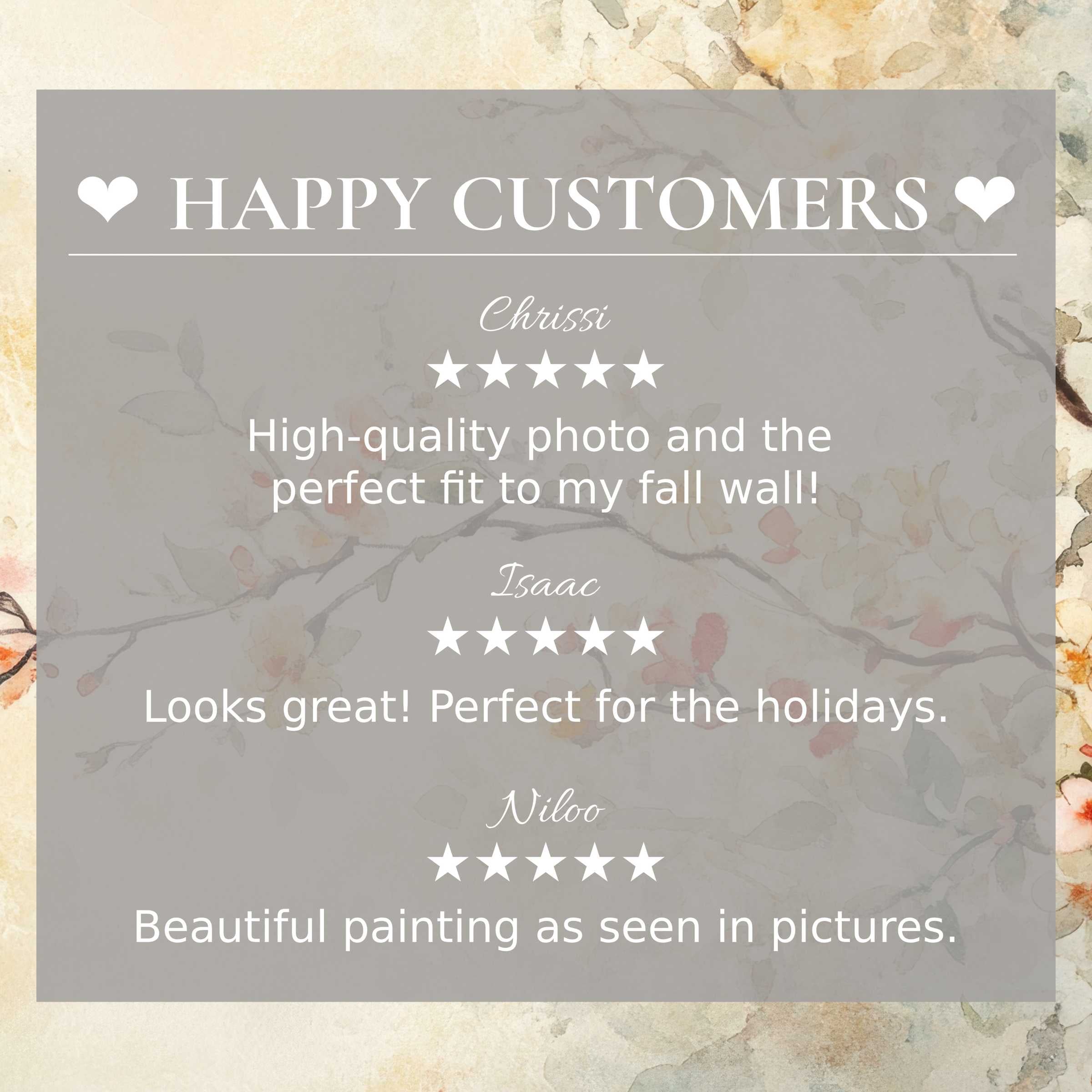 Floral art for Frame TV with blurred botanical background, showcasing happy customer reviews and elegant trust-building design