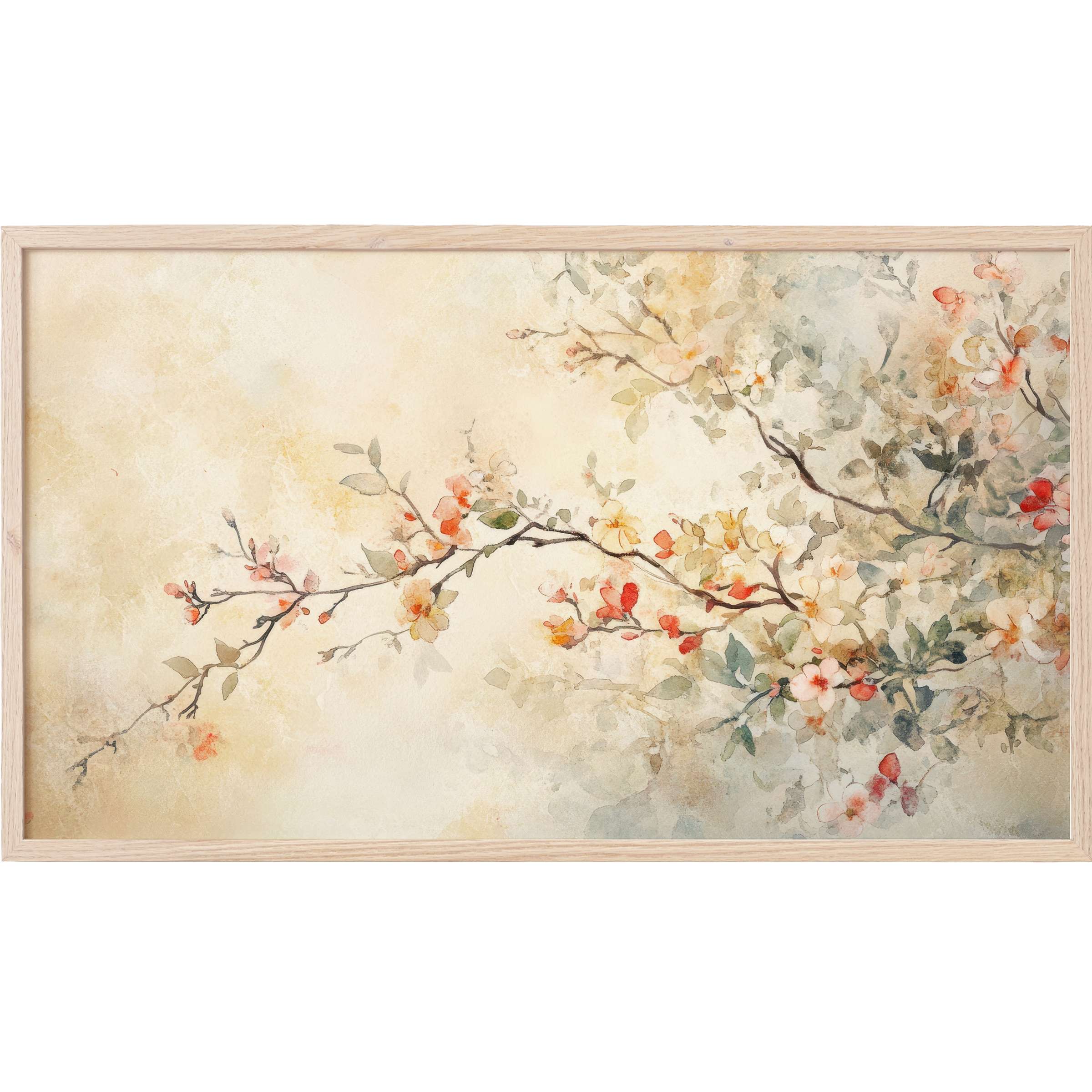 Floral Frame TV Art with delicate watercolor blossoms in soft beige, coral, and green tones, elegantly framed