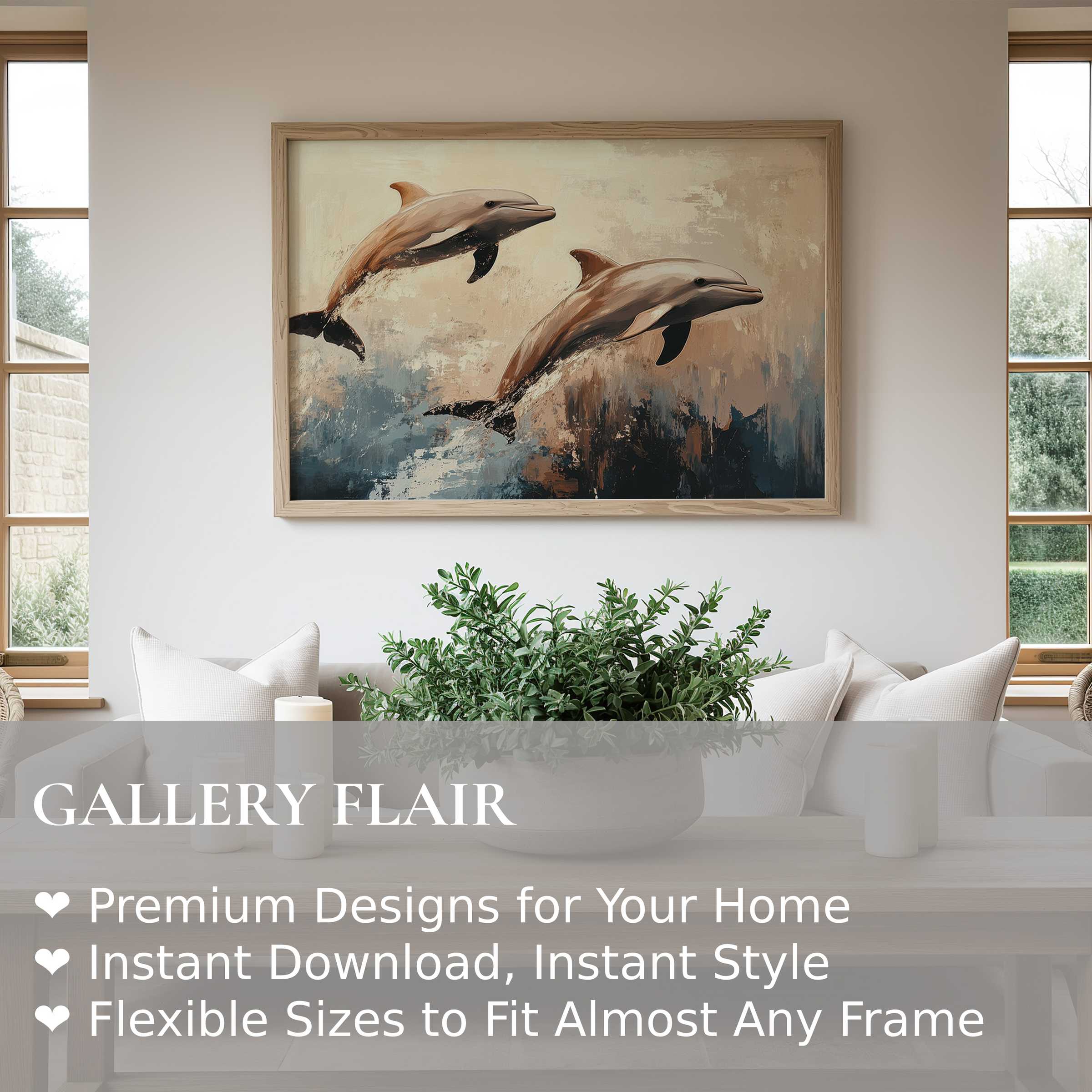 Elegant beach wall art print featuring two dolphins leaping through serene waves, evoking calm coastal sophistication The neutral, modern living space is enhanced by the artwork’s soothing oceanic palette and dynamic movement, perfect for elevating contemporary home decor with a refined, nature-inspired statement piece