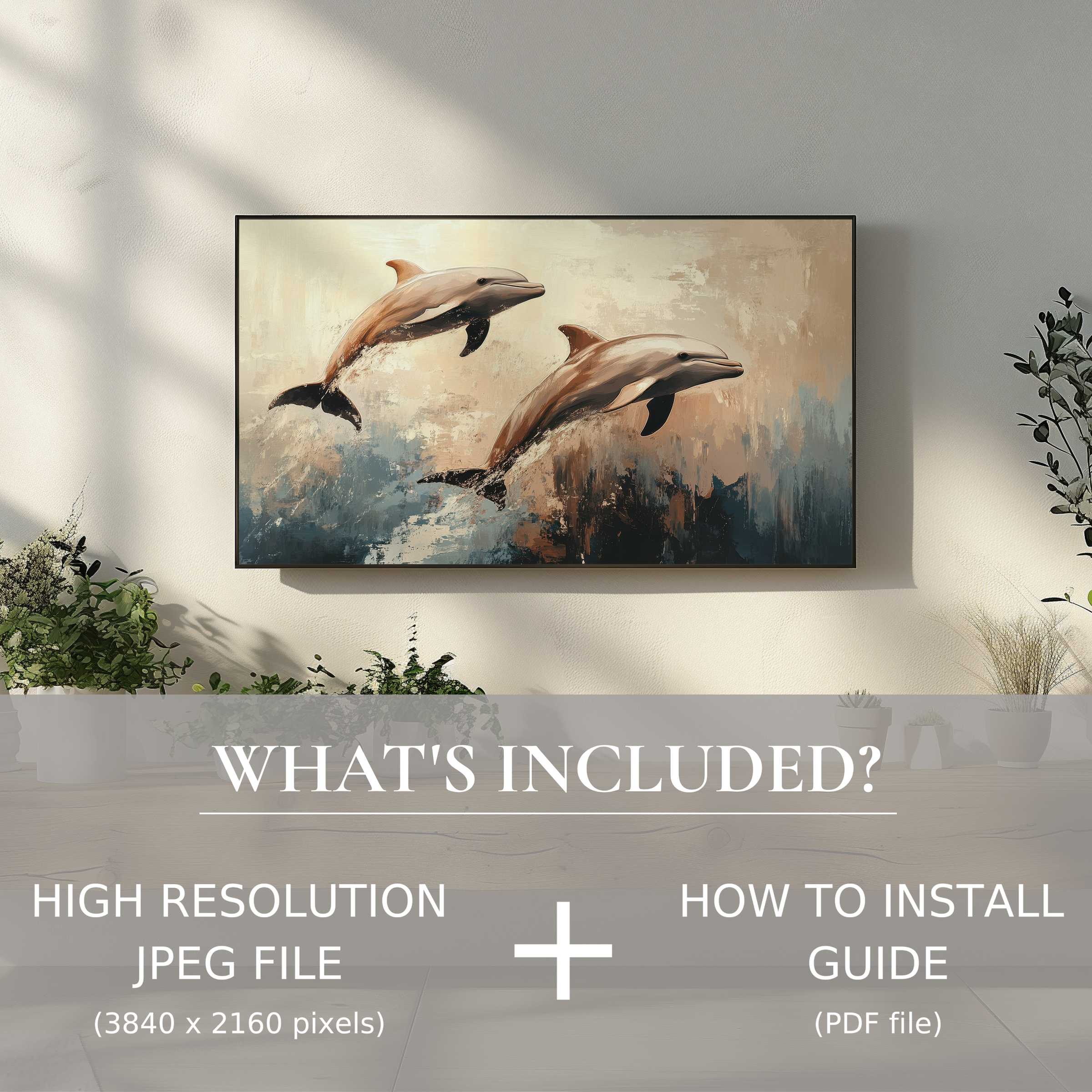 Elegant beach digital TV art download featuring dolphins, enhancing living spaces with easy digital use and style