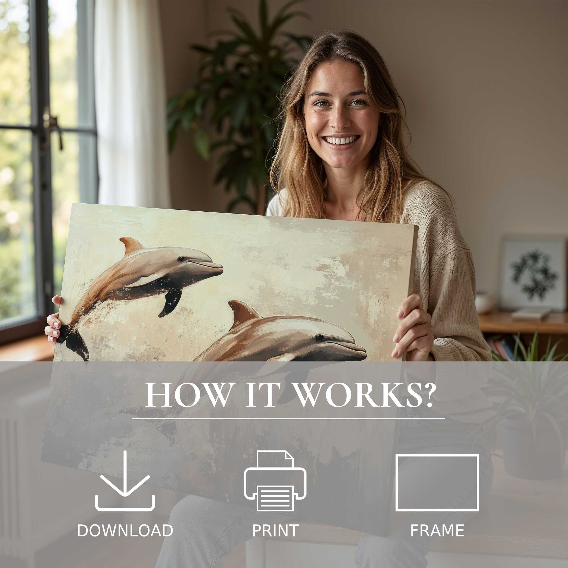 A radiant moment of joy unveils a beach digital art print with serene dolphin hues, inviting effortless elegance into modern homes