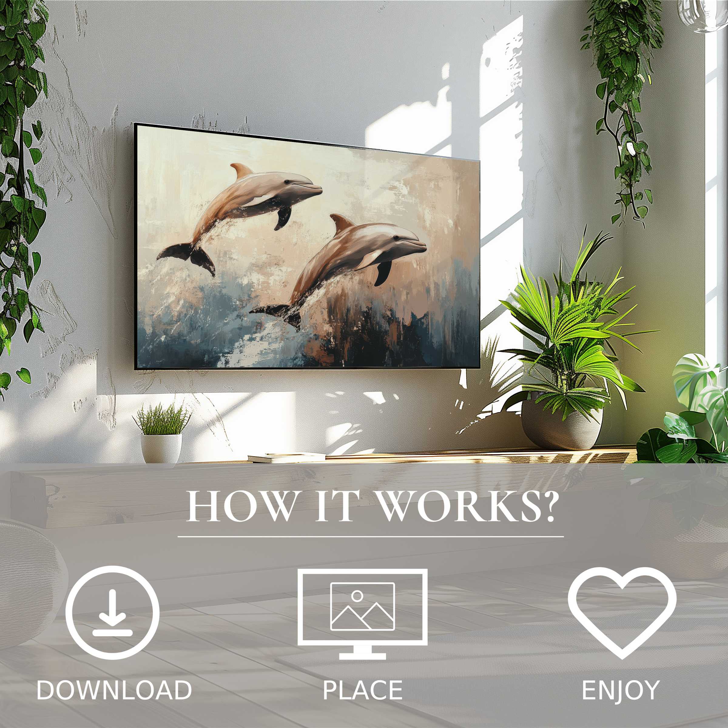 Modern living room with beach art for Samsung TV showing dolphins in soft sunset tones; easy digital download enhances space
