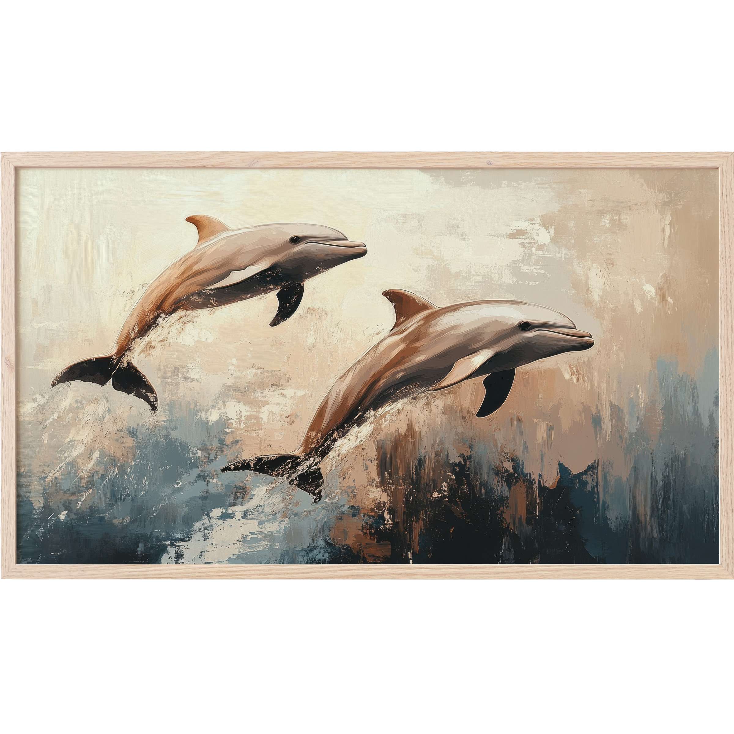 Elegant beach Frame TV Art featuring two dolphins leaping through textured waves in muted earth tones