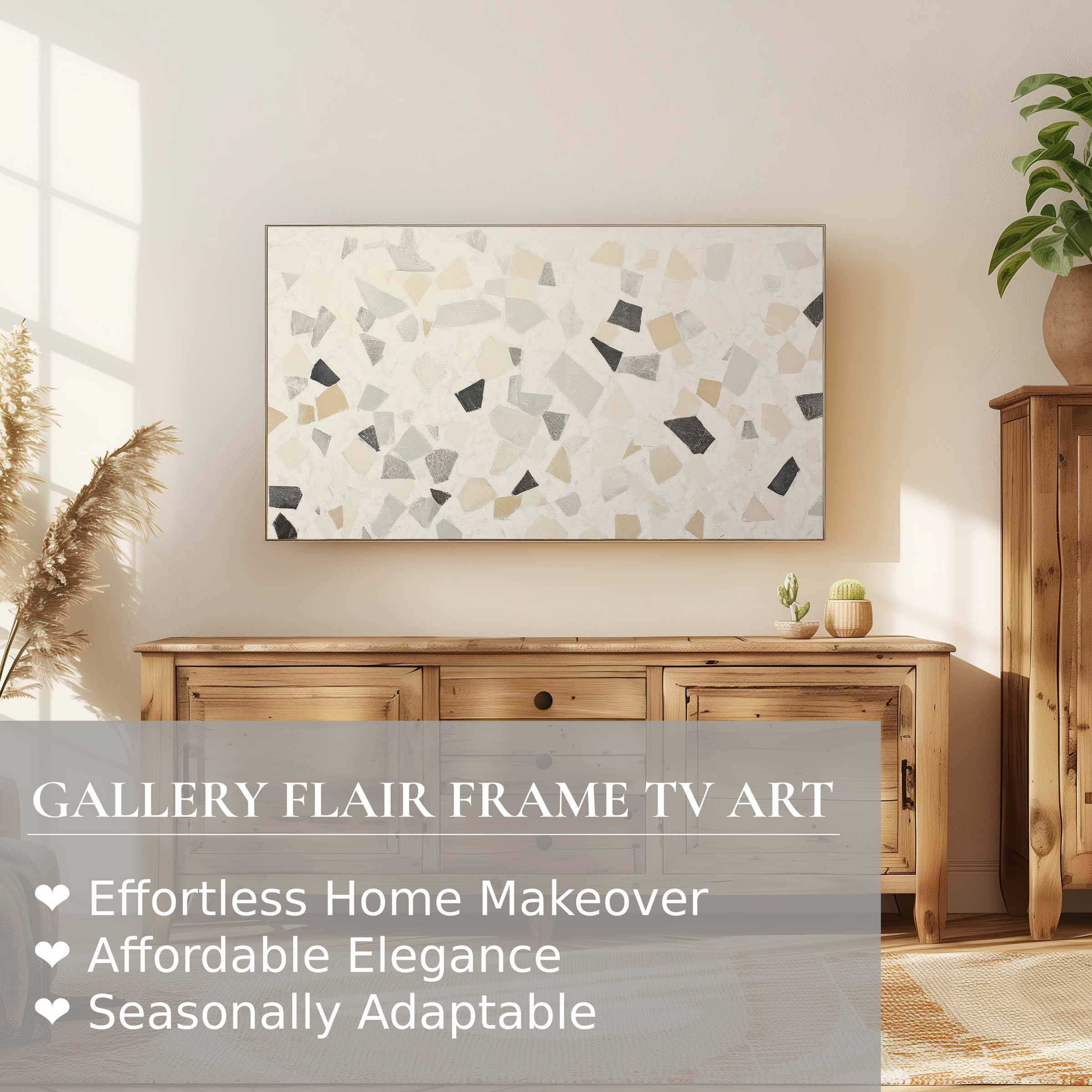 Samsung Frame TV displays neutral digital artwork in a sunlit room with natural wood and modern minimalism