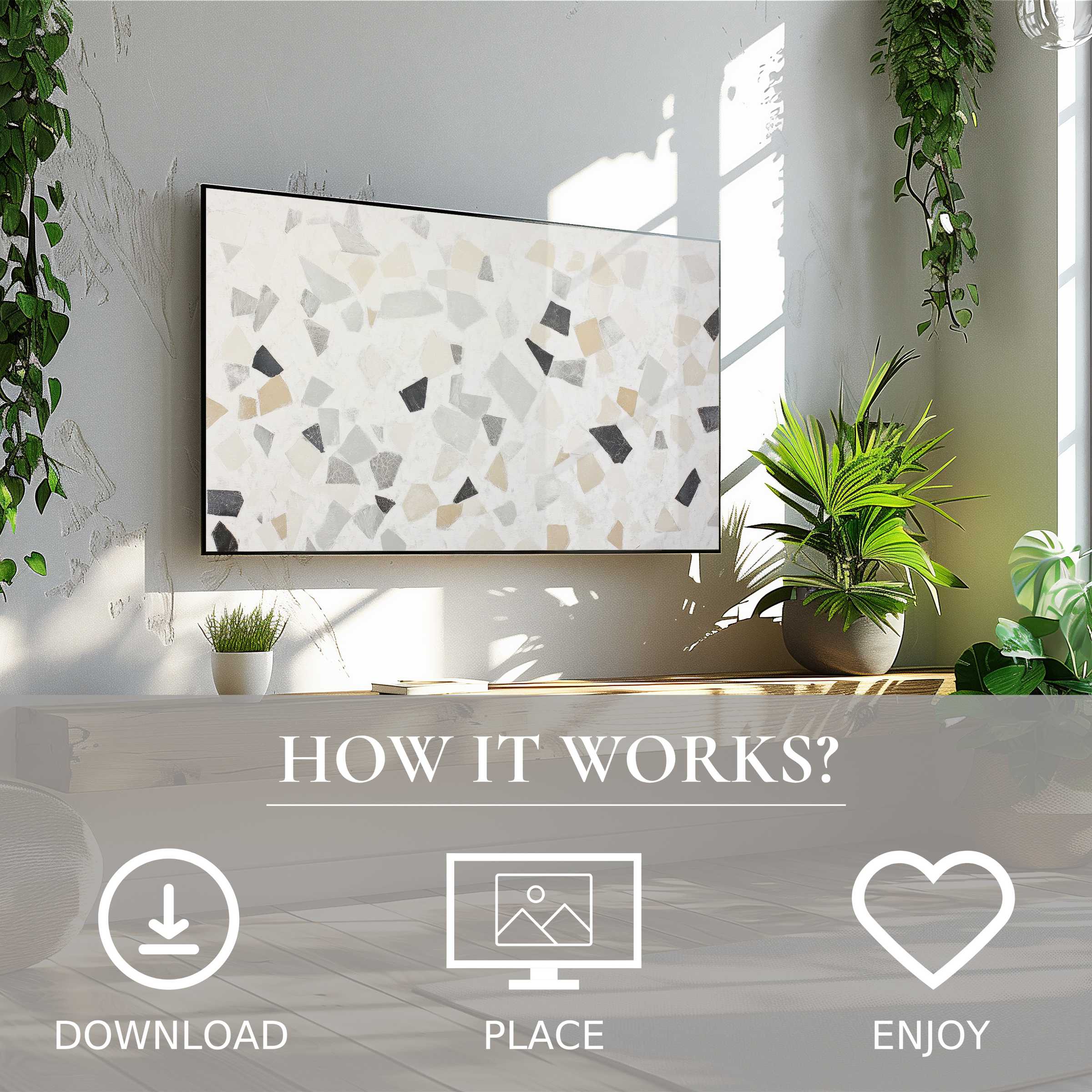 Modern living room with neutral art for Samsung TV, terrazzo motif, easy digital download enriches the space
