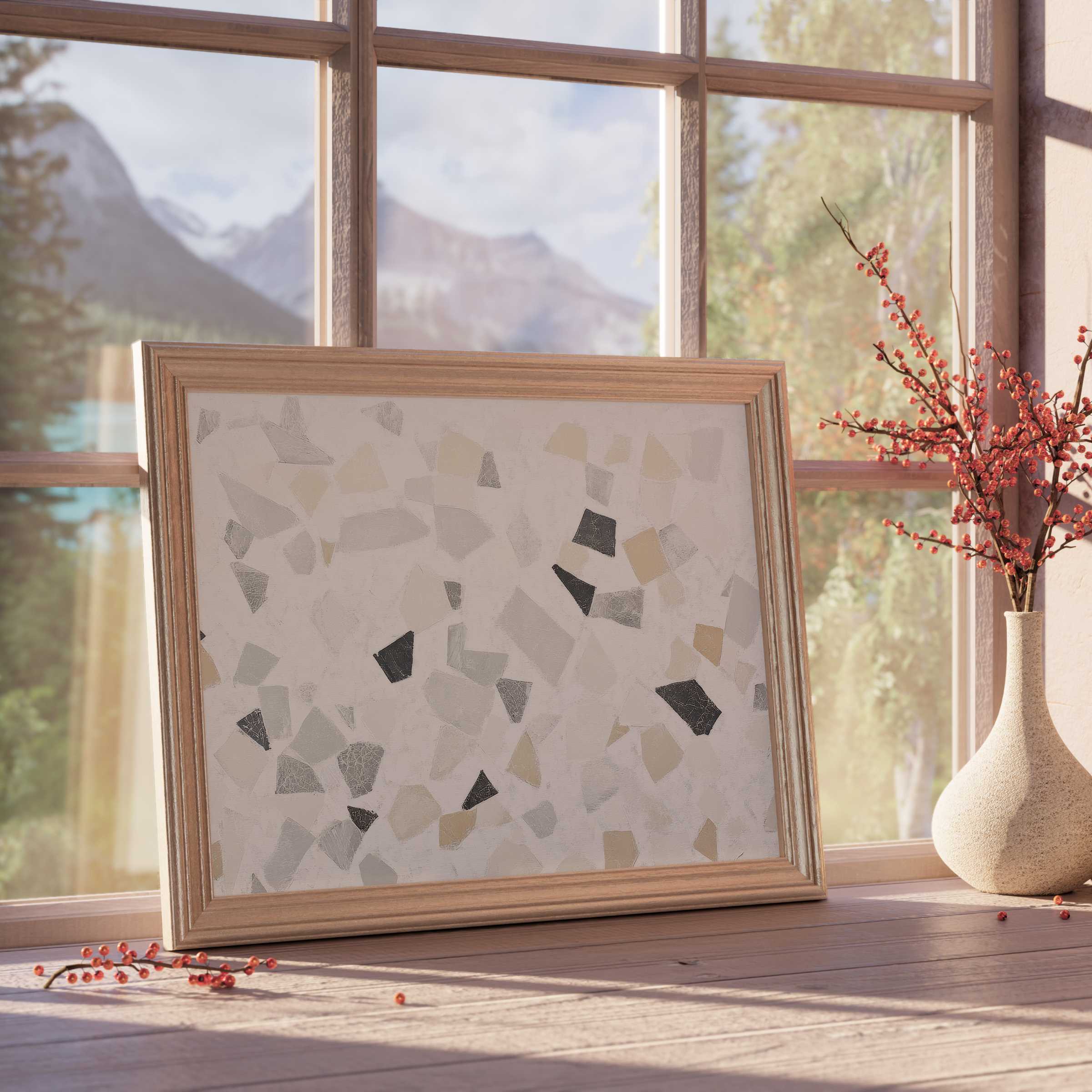 Neutral downloadable art featuring elegant terrazzo textures in soft beige, grey, and black tones, perfect for serene, design-forward interiors