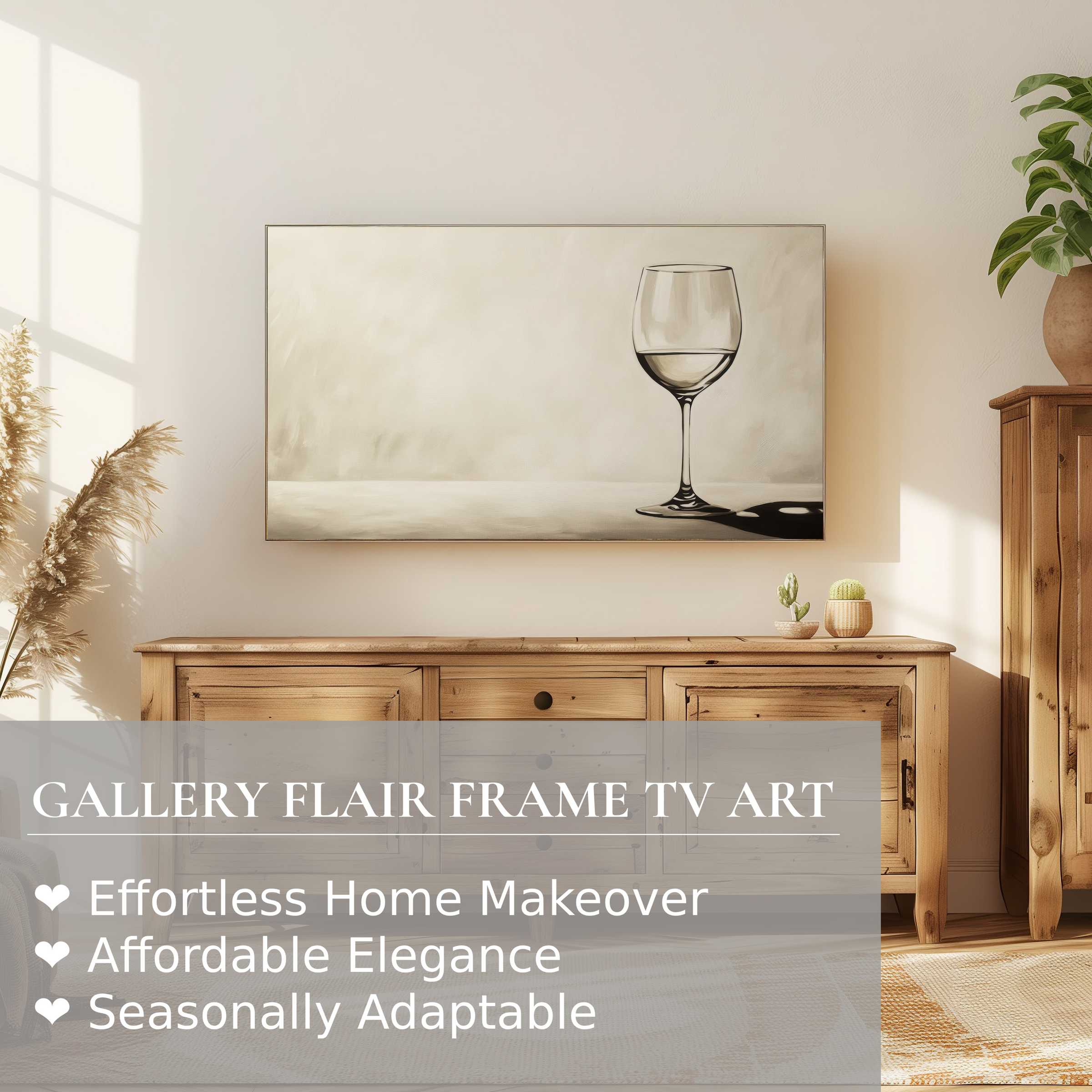 Samsung Frame TV displays minimalist digital artwork of a wine glass in a serene, sophisticated living space