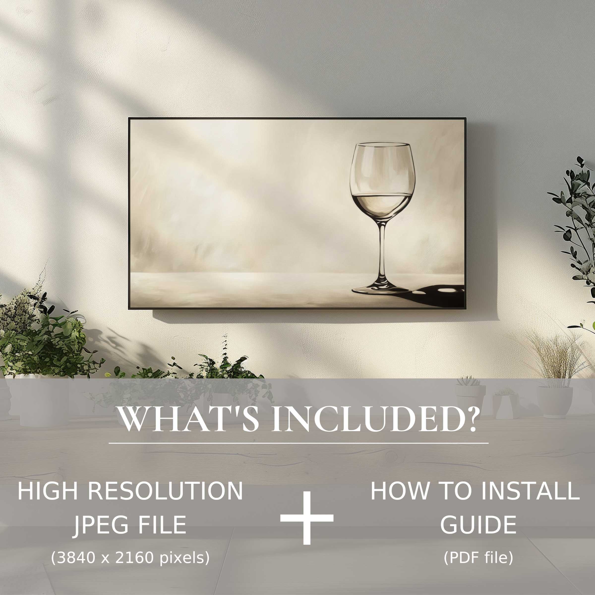 Minimalist digital TV art download of elegant wine glass enhances living space with easy digital use and modern style