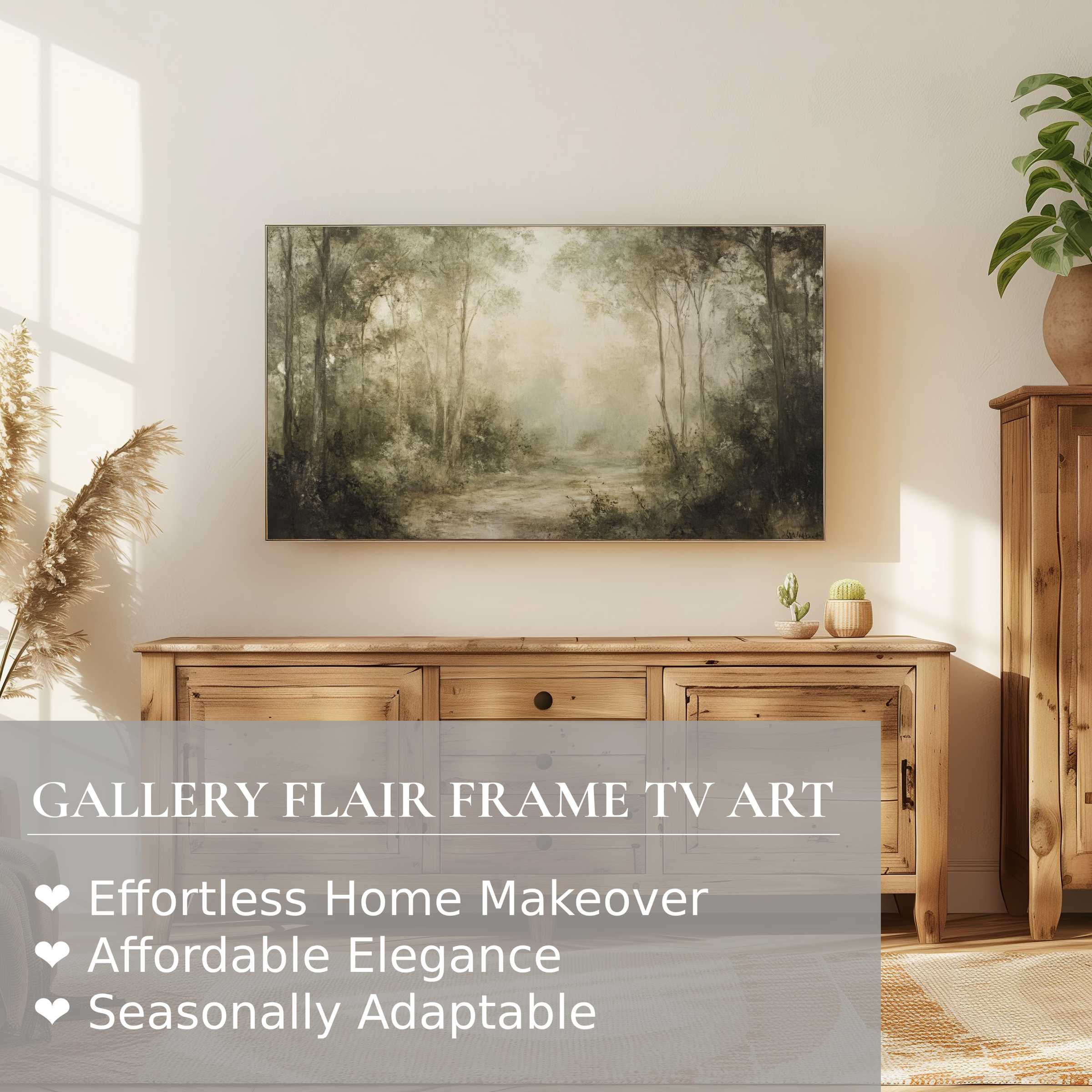 Samsung Frame TV displaying serene landscape digital artwork in a warm, modern living room setting